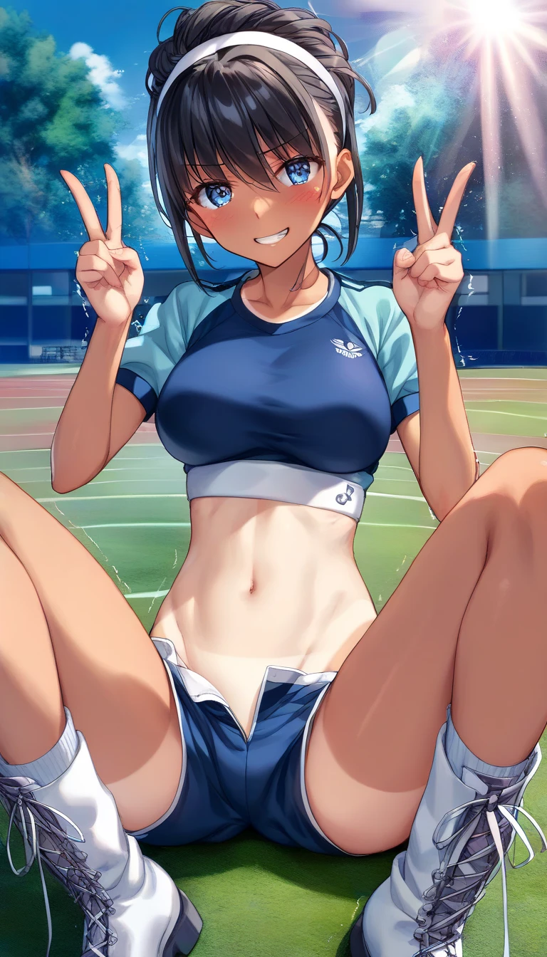 muste piece、masterpiece、highest quality、Super detailed、High resolution、8K portrait、High definition CG of Unity 8k wallpaper、cute type little:1.5、Lori:1.5、Highly detailed CG unity 8k wallpaper、Realistic、real person、 portrait photography、shiny skin、High definition、(16 years old:1.2)、(1 girl)、beautiful clear eyes、extremely detailed description、delicate face、nice lips、slender body、medium breasts 同 thin waist、thin legs、(Atlantic stadium track:1.6)、1 girl, cute type, perfect face, seriously, (blush:1.5),(black hair bun hair:1.3),medium breasts 同,((short sleeve gym clothes:1.2)),(((clothes lift:1.5))), (((I have nipples))),(spread legs:1.2),(pussy:1.2),(((climax in vagina:1.5))),((get down on one knee:1.5)),(looking at view:1.2),(from front:1.2),gran