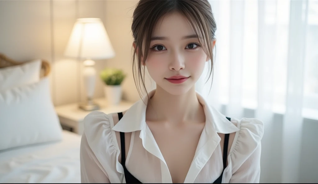 table top, highest quality, realistic, Super detailed, finely, High resolution, 8k wallpaper, 1 beautiful woman,, light brown messy hair, He is wearing a black see-through dress shirt with an open collar., sharp focus, perfect dynamic composition, beautiful and detailed eyes, thin hair, Detailed realistic skin texture, smile, close-up portrait, model body shape、Beautiful President's Secretary、mini skirt、high heels、whole body、smiling、