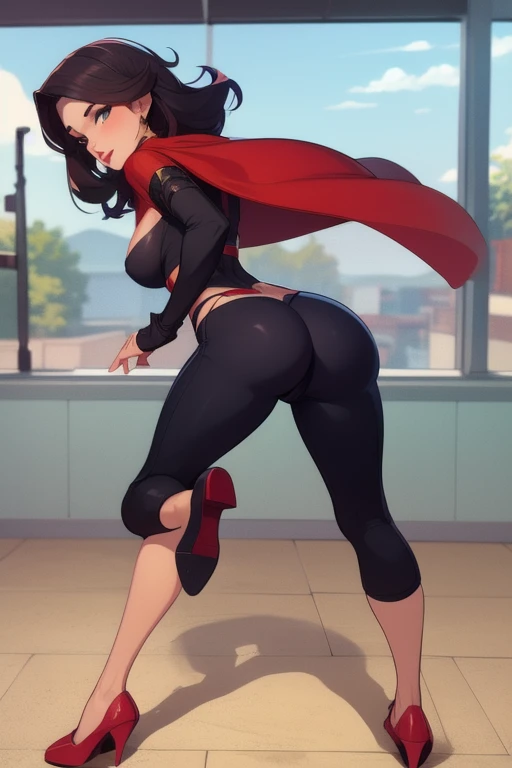 linda ruiva com maio vermelho, long black tights,com salto alto vermelho, olhar sexy,belos olhos, em pe olhando para frente,olhar serio pose sexy