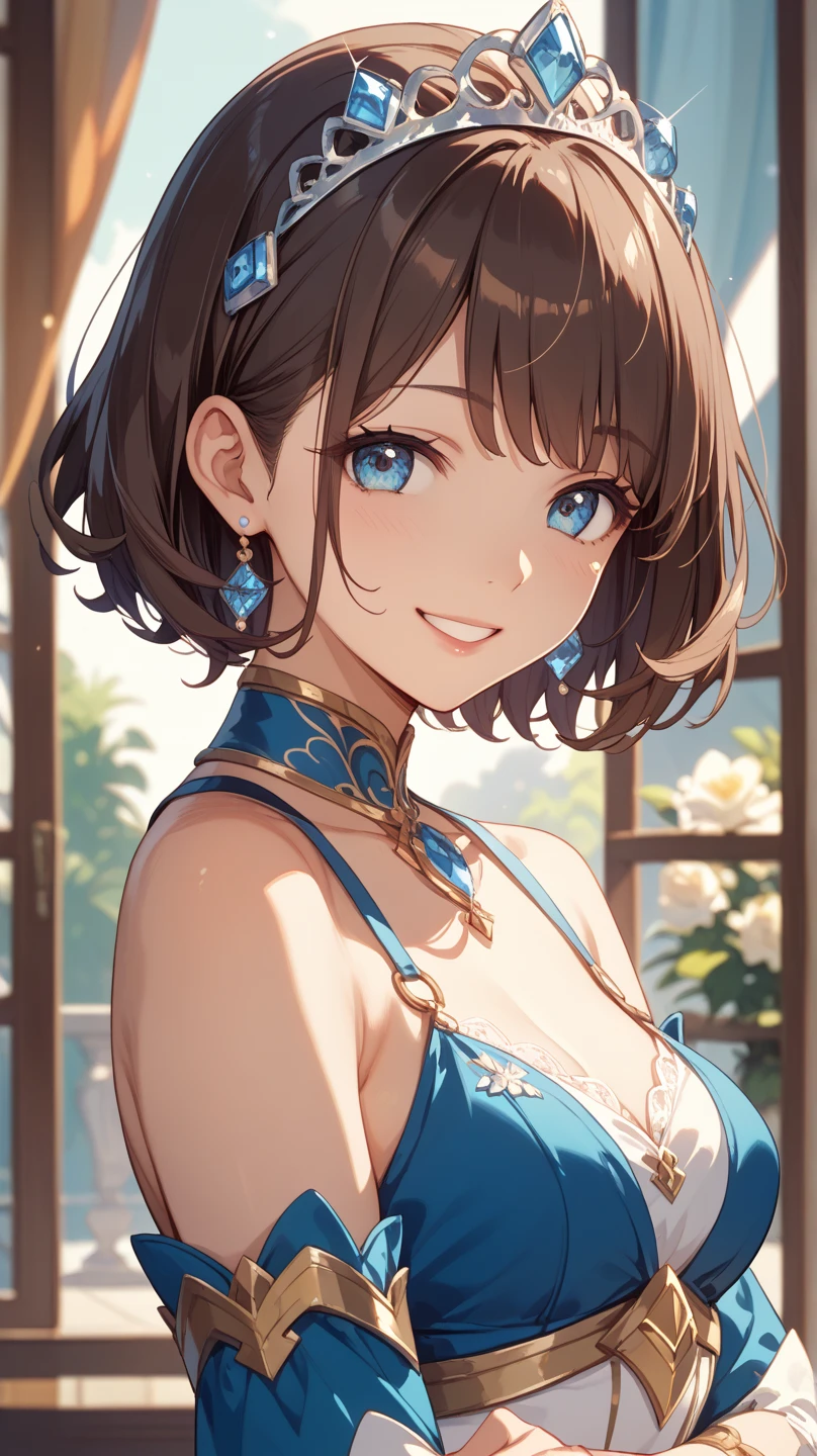 Cute Girl, (Brown hair), ((very bun hair)), Perfect face, Innocent smile, Upper body,(Cerulean Eyes), (Yan), (Petite), (slender), ((flat chest)), ((16 only)), Skindentation, Extreme Detail, charming oval face, Red lips, Pink, Glossy skin, detailed hairs, Face Focus, Close-up chest, Luxurious hair ornaments, Gold Earrings, ((1 girl)), Embarrassed expression,