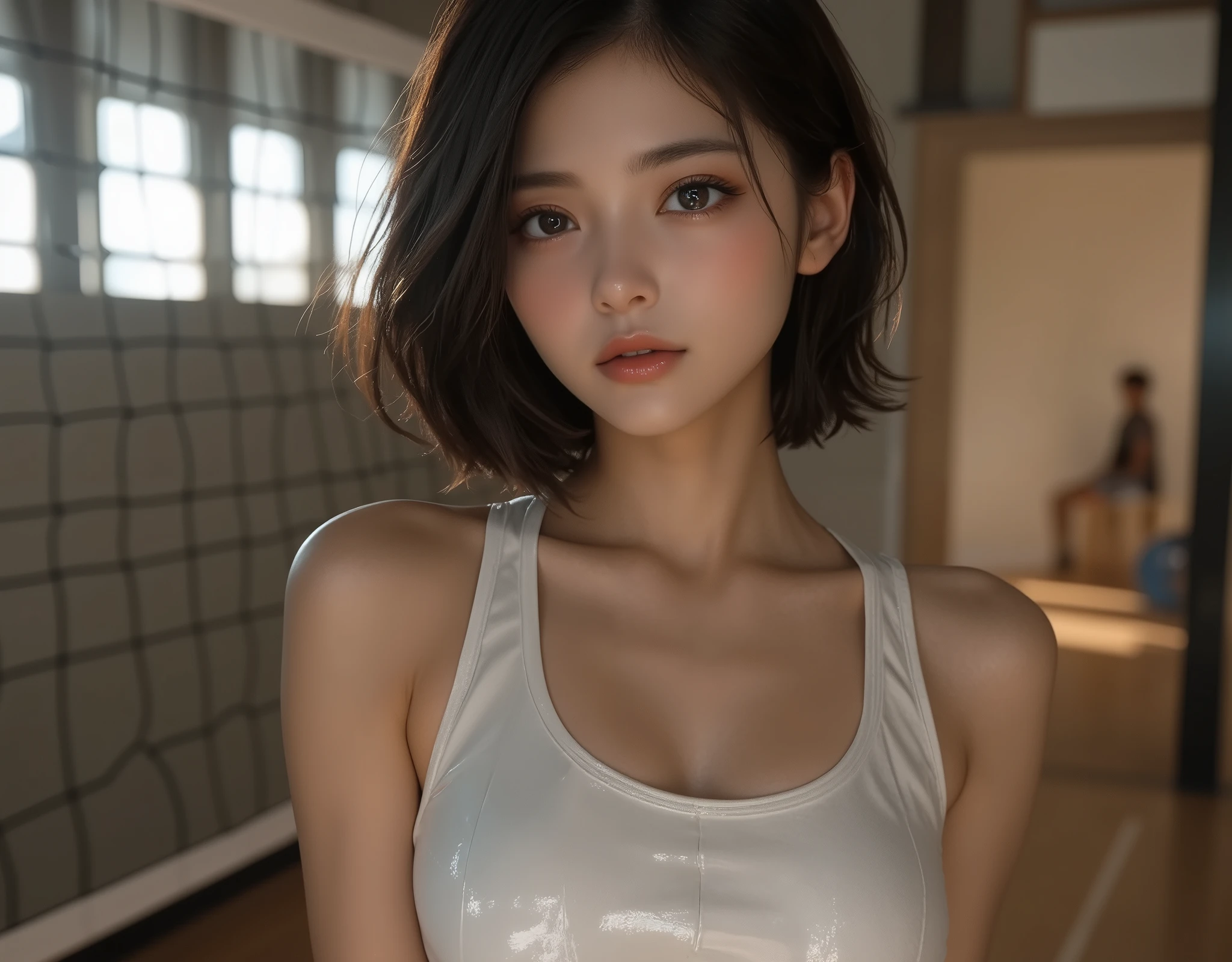 ((masterpiece))、((Highest quality))、picture、Reality、high resolution、Advanced Depth of Field、Ultra-detailed、Realistic lighting、((Beauty Salon))、((Navy Tank Top))、((Bright interior))、((Washing the client's head))、((It's close so it's close、Right in front of you))、Married women、20th Generation、Delicate facial features、short hair、Realistic background and accessories、Big ample breasts、valley、Plump body、Sexy smile、Serious gaze、
