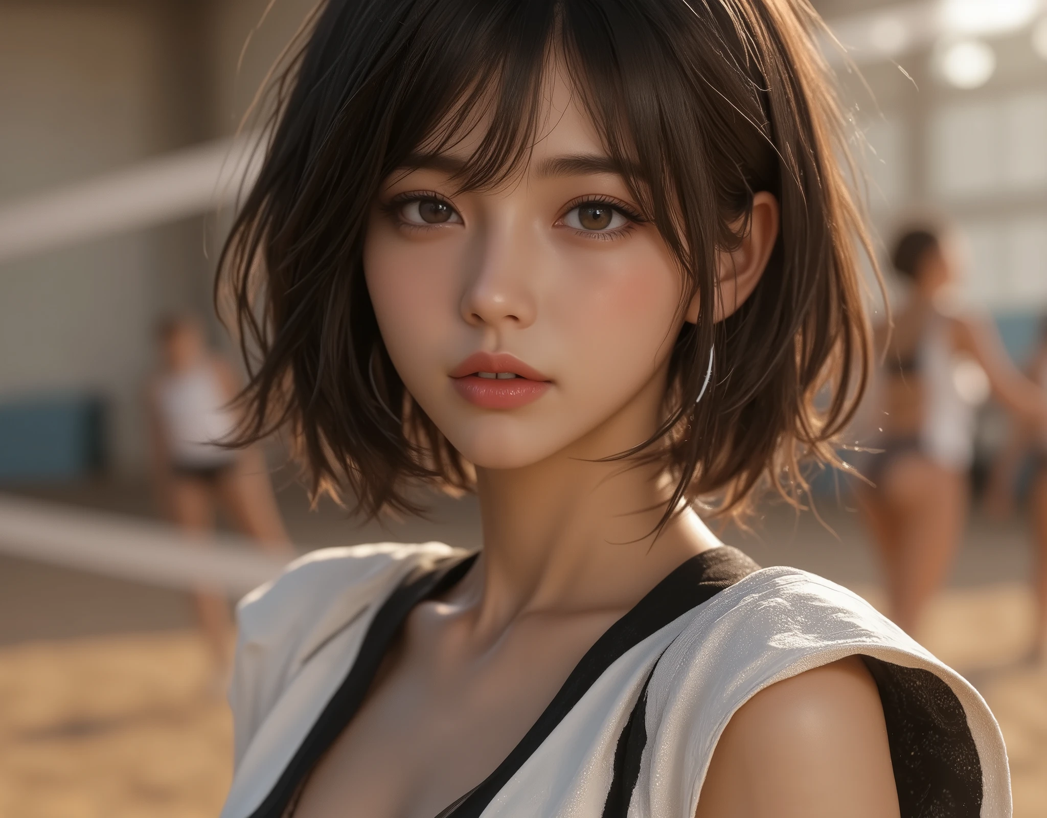 a 30 yo woman,(hi-top fade:1.3),long hair,dark theme, soothing tones, muted colors, high contrast, (natural skin texture, hyperrealism, soft light, sharp),