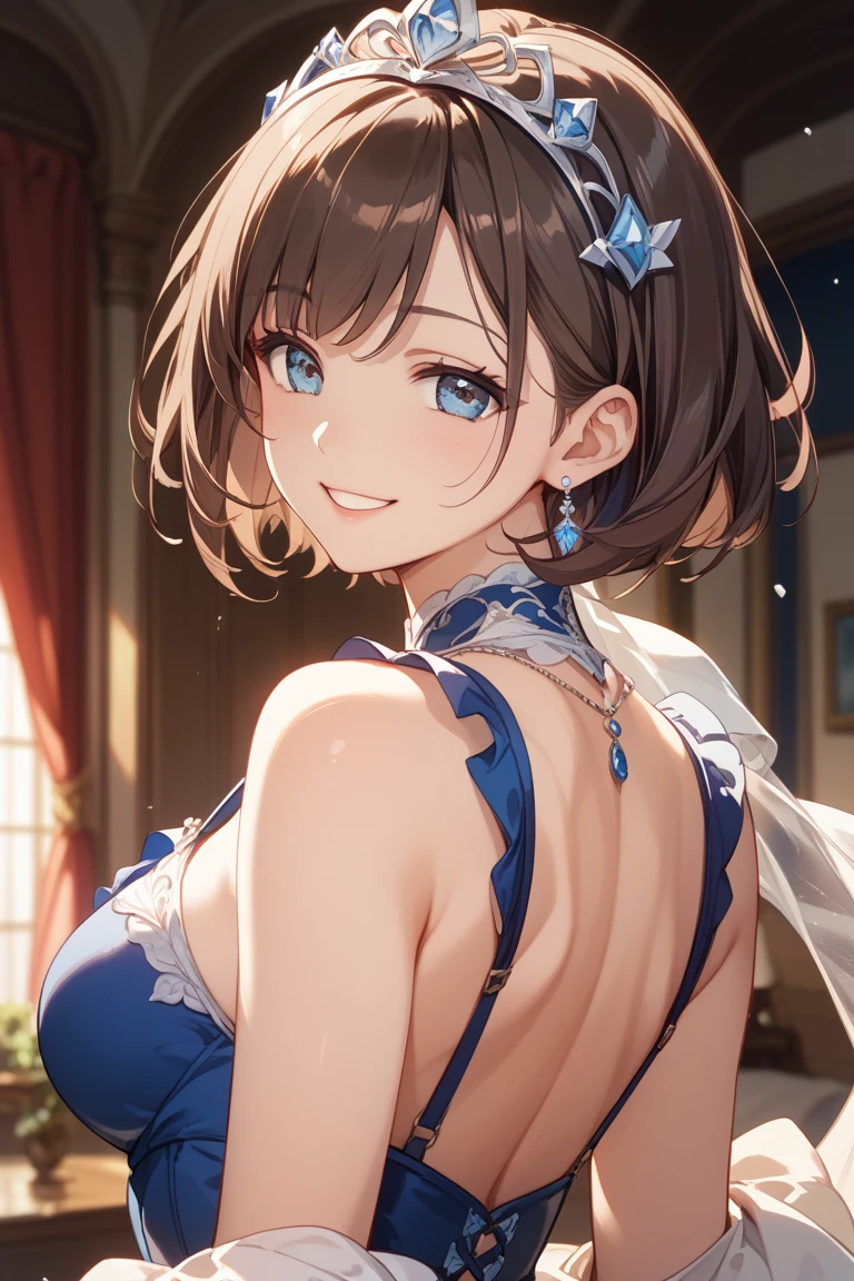 A vibrant scene unfolds: a 40-year-old married woman, sporting a luscious black bob cut, dons the iconic attire of Sailor Mercury. Her striking purple eyes sparkle under the sun's warm rays, illuminating the outdoor cosplay event venue. With a playful wink, she assumes a sultry pose, her small bust size accentuated by the fitted uniform. A photographer captures her flirtatious charm, framing the shot with lush greenery and bright blue skies, as the married woman embodies the beloved character in a daring, tongue-in-cheek cosplay performance.