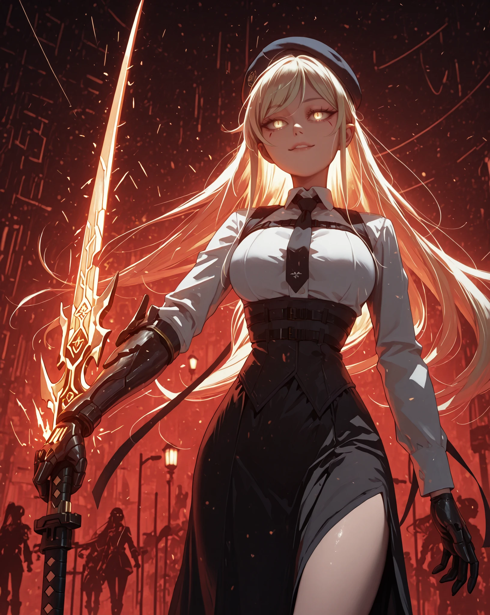 A young female character with the same height and body proportions as Shinobu Oshino from the Monogatari series. She has long, flowing blonde hair adorned with a red ribbon on one side, and the same sharp facial features as Shinobu — but instead of golden eyes, she has glowing golden eyes that shimmer with intensity. Her expression is provocative and confident, wearing a sly, self-assured smile, slightly pointed ear.
Her outfit is a highly detailed cyberpunk-inspired military uniform, black with red and gold accents. The skirt is tactical yet stylish, with embedded circuitry lines. Her uniform includes gold medals, high-tech insignias, and a bold red tie. A large, exaggerated red beret sits atop her head, slightly tilted, oversized compared to her head, adding a rebellious edge, slightly pointed ear.
On her left hand, she wears a mechanized gauntlet with sharp, retractable claws, emitting faint neon lights — a blend of weapon and symbol of power. She holds a massive, ultra-wide black katana in her right hand, with a thick blade engraved with glowing red cyber runes, clearly larger than her own body. The katana's design is brutal and futuristic, blending raw steel with cybernetic enhancements and red neon lines along its surface.
Her pose is bold and confrontational — facing forward with her head tilted slightly, shoulders squared, one hip cocked, exuding dominance and fearlessness. Her figure is exaggerated with wide hips, large bust, and a curvaceous silhouette, enhancing the contrast between her youthful appearance and the raw power she wields.
The background is deep black to emphasize her presence. The entire illustration should have a vivid, colorful, high-detail rendering in a cyberpunk anime art style — blending punk aesthetics, femininity, and military dominance into one striking image.