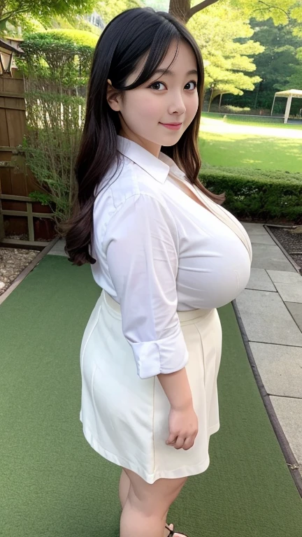 (countryside busstop）,shelter,evening（Best Quality,8K,Raw photo,Realistic,High resolution:1.2),(erotic curvy japanese girl）(gigantic breasts),oily skin,(white shirt),School skirts,look horny,face from front,(highlights breasts),moans sexy.hair bun, sit,grinning,sweat