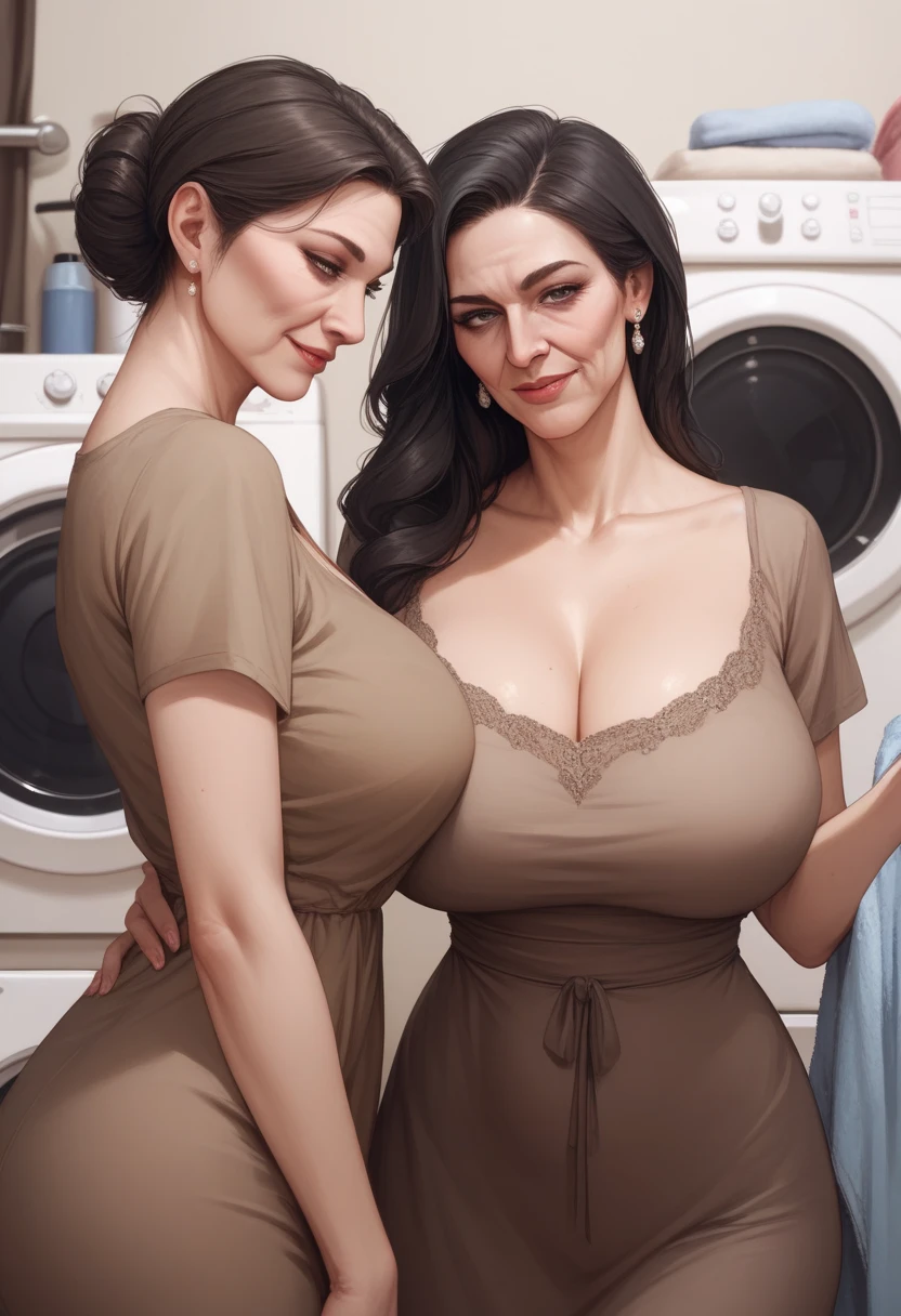 two beautiful Tatar 59 year old women's,  expensive luxurious women's, completely naked from the waist down, very fat wide gigantic buttocks, fat legs, thin waist, slightly fat bodies, sitting in the bedroom on the bed, very expensive luxurious furnishings in the bedroom, expensive silk pastel clothes, legs wide apart, knees wide apart, ((missionary position for sex)), need sex, sex ready, inviting gestures with hands, beckoning to come closer with hands, large protruding clitoris and large swollen labia clear visible, ((wet vaginas with sperm flowing out of them as after numerous sex)), huge breasts size F++, black hair, short pixie hairstyles, back laying on bed, very kind faces, friendly smiles, kind inviting look eye to eye, dressed in transparent white closed ones office blouses with large white bows at the neck, ((large white bows at the necks)), [[panties]], in the background there is a large window with open linen curtains