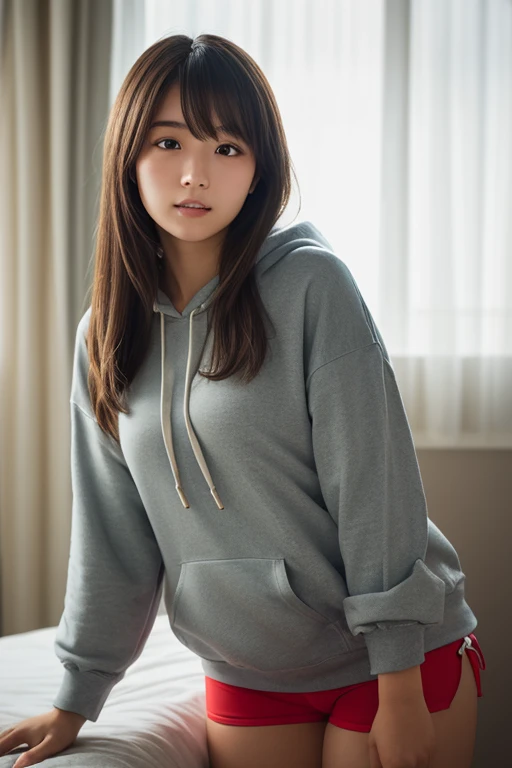 japanese woman wearing a big sweatshirt