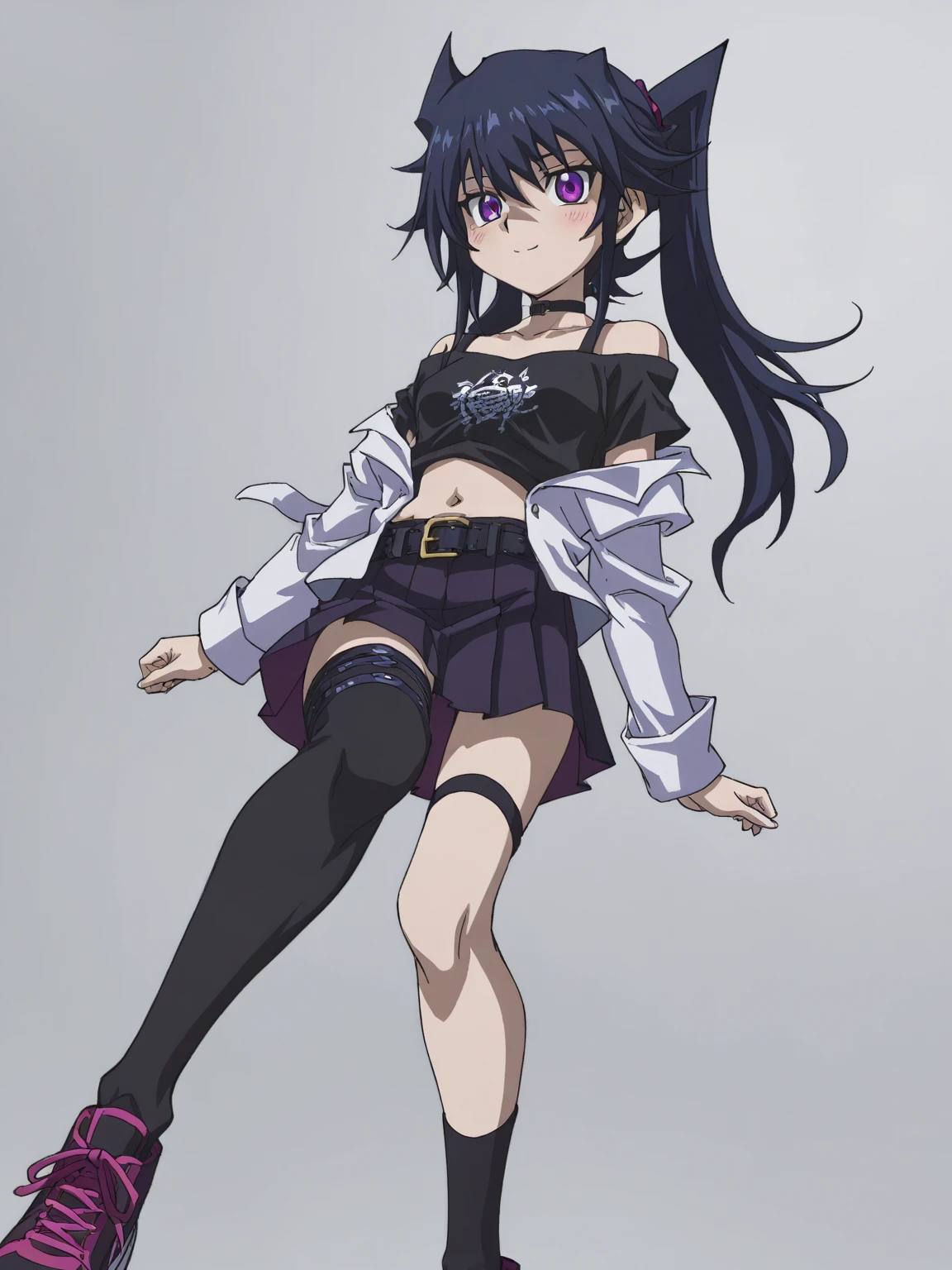 masterpiece, best quality, 1girl, zonetan, full body, blue eyes, hair over one eye, detailed face, detailed eyes, drill hair, purple long hair, bare shoulders, boots, purple crop top, short purple cheerleader skirt, skirt lift, panties showing, purple panties, exposed belly, purple and white pom poms, (black stockings), (black thigh highs), solo, looking at viewer, smirk, cheering, standing, cameltoe, simple background