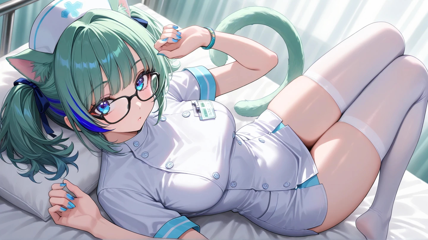 masterpiece, best quality, good quality, very aesthetic, absurdres, newest, 8K, depth of view, 1girl, solo, short hair, green hair, multicolored hair, blue hair, streaked hair, (blue streaks:1.5), blue eyes, jewelry, medium breasts, bracelets, narrow waist, (toned:0.25), hair ribbons, blue ribbons, black framed glasses, twintails, blue nails, green cat ears, blue cat ears, blue cat tail, , nurse, nurses hat, nurses outfit, white thigh highs, hospital, from above, 