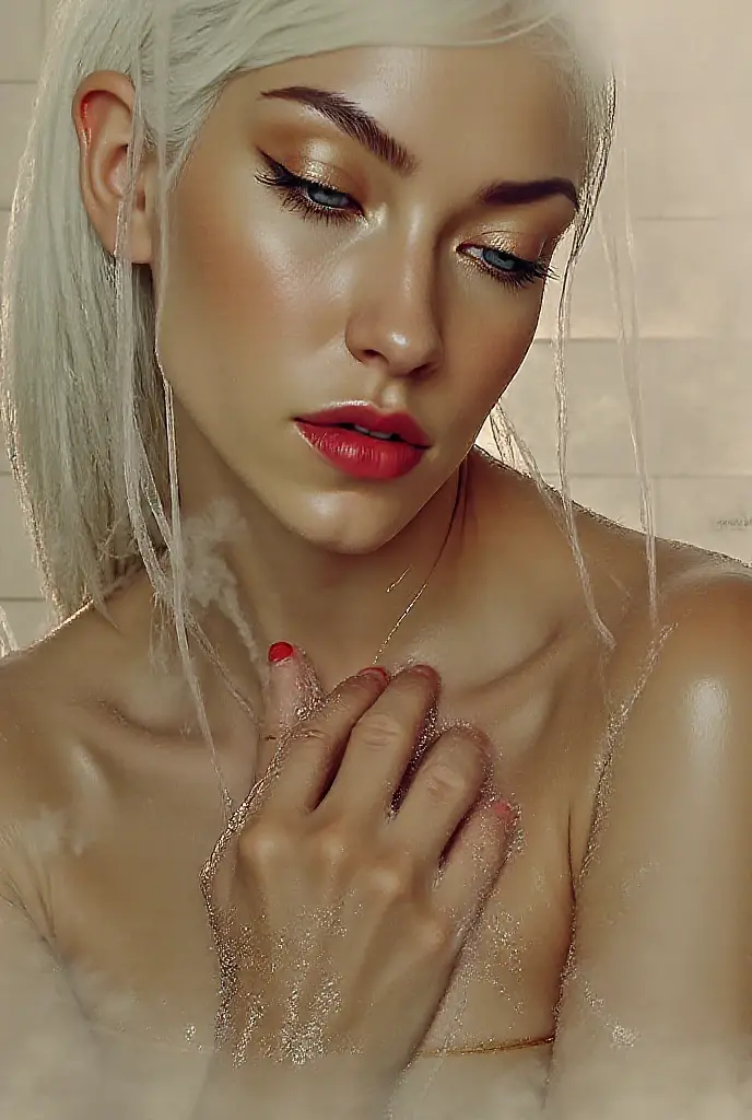 raw photo of beautiful female, looking at camera, centered portrait upper body, Miss White, slim perfect face, natural look, playmate, white hair, wet hair tied in a bun, supermodel, wet skin, pale skin, blushing cheek, very very small bust, closing eyes, feeling ecstasy, nude skin, in photo studio
