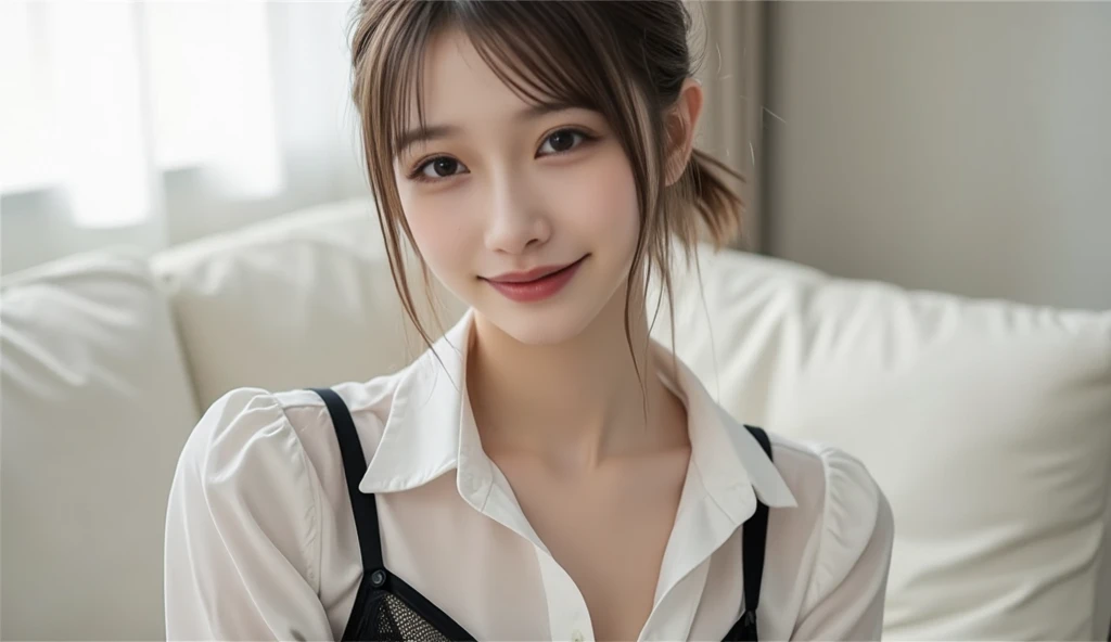 Tabletop, Highest quality, Realistic, Super detailed, In detail, High resolution, 8k wallpaper, One beautiful woman,, Light brown messy hair, Wearing a business suit, Sharp focus, Perfect dynamic composition, Beautiful attention to detail, Fine hair, Detailed and realistic skin texture, smile, Close-up portrait, Model Body Type