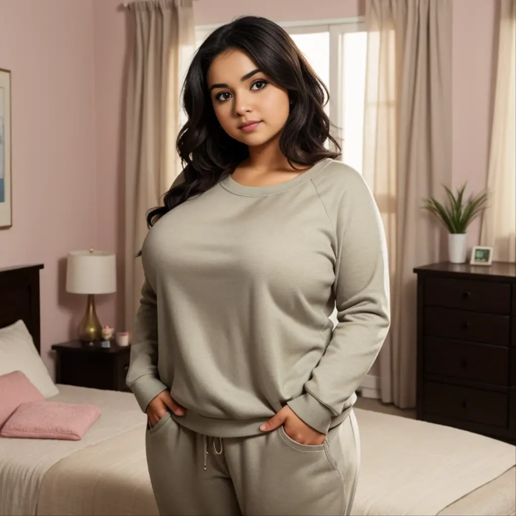 an african american woman with a smile on her face, taken in the late 2010s, 30-year-old woman, aida muluneh-tessa thompson-chandra wilson-octavia spencer-christina milian-luna lauren velez-shar jackson-monica raymund-dana davis-lesley ann brandt-luciana carro-fantasia barrino-elise neal-jessica lucas merged, entire body visible, short and stocky body, fat, chubby, thick, very bottom heavy, wearing a purple long sleeve shirt and leggings, entire body visible, full body, hyperrealistic, best quality, 8K, real human skin, masterpiece, extremely intricate, detailed eyes, detailed face, detailed body, exaggerated features, pronounced features, fujifilm