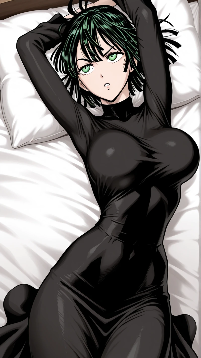 1 female,anime,lying,BREAK,very short black hair,glasses,Shape beauty,large beautiful breasts,thin abs,beautiful abs,((very slim body)),tight onepiece,((white dress)),large nipples,