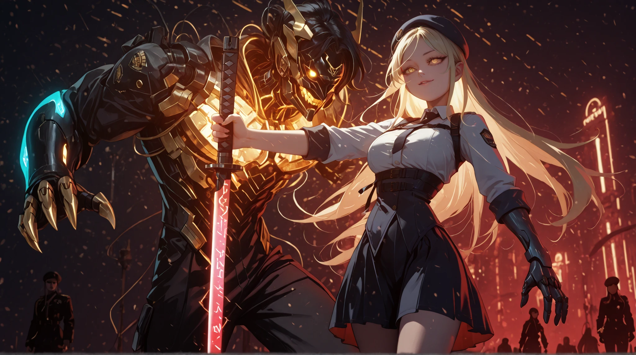 A young female character with the same height and body proportions as Shinobu Oshino from the Monogatari series. She has long, flowing blonde hair adorned with a red ribbon on one side, and the same sharp facial features as Shinobu — but instead of golden eyes, she has glowing golden eyes that shimmer with intensity. Her expression is provocative and confident, wearing a sly, self-assured smile, pointed ear.
Her outfit is a highly detailed cyberpunk-inspired military uniform, black with red and gold accents. The skirt is tactical yet stylish, with embedded circuitry lines. Her uniform includes gold medals, high-tech insignias, and a bold red tie. A large, exaggerated red beret sits atop her head, slightly tilted, oversized compared to her head, adding a rebellious edge, pointed ear.
On her left hand, she wears a mechanized gauntlet with sharp, retractable claws, emitting faint neon lights — a blend of weapon and symbol of power. She holds a massive, ultra-wide black katana in her right hand, with a thick blade engraved with glowing red cyber runes, clearly larger than her own body. The katana's design is brutal and futuristic, blending raw steel with cybernetic enhancements and red neon lines along its surface.
Her pose is bold and confrontational — facing forward with her head tilted slightly, shoulders squared, one hip cocked, exuding dominance and fearlessness. Her figure is exaggerated with wide hips, large bust, and a curvaceous silhouette, enhancing the contrast between her youthful appearance and the raw power she wields.
The background is deep black to emphasize her presence. The entire illustration should have a vivid, colorful, high-detail rendering in a cyberpunk anime art style — blending punk aesthetics, femininity, and military dominance into one striking image.