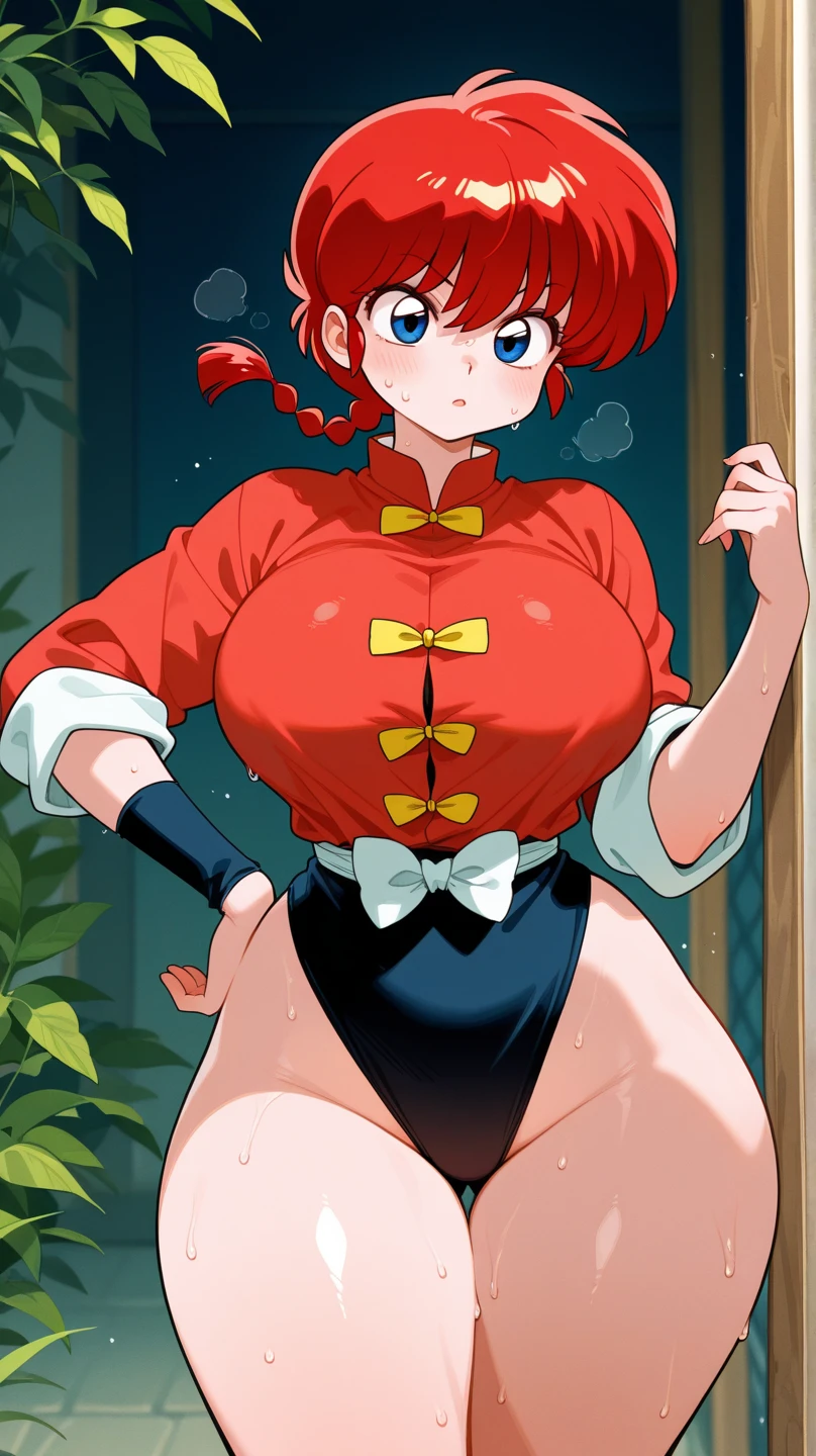 Ranma , makeup, pink eyeshadow, red lipstick, red hair, ranma hair, braided ponytail, mini skirt, beautiful, (masterpiece:1.2), (best quality:1.2), perfect eyes, perfect face, perfect lighting, 1girl, cropped legs, curvy, Sailormoon outfit, exposed midriff, white croptop, Chest bow, Tiara, long gloves, White Thighhighs, choker, hand on hip, huge breasts, smile, solo, thick thighs, Point of view from below, Can be seen under mini skirt, Exposed panties, showing panties and super tight thong