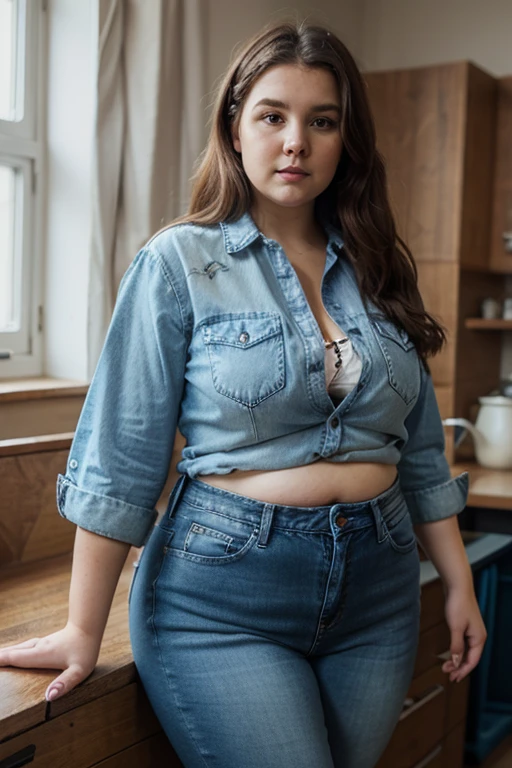 ,illustration of a woman in clothing store, short buttoned blouse with tight red jeans, love handles, belly skinny:1.3, skin indentation, deep skin, best quality, extremely high resolution, sharp focus, dynamic, inside a clothing store (creativity:1.3), chubby belly bulge, Norman Rockwell style (in the style of robutts) (in the style of cowboy bebop) (character design sheets) bbw