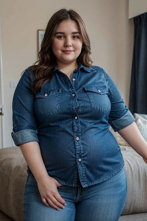 a one woman, a little overweight, She is in a sexy pose standing, wearing a casual outfit