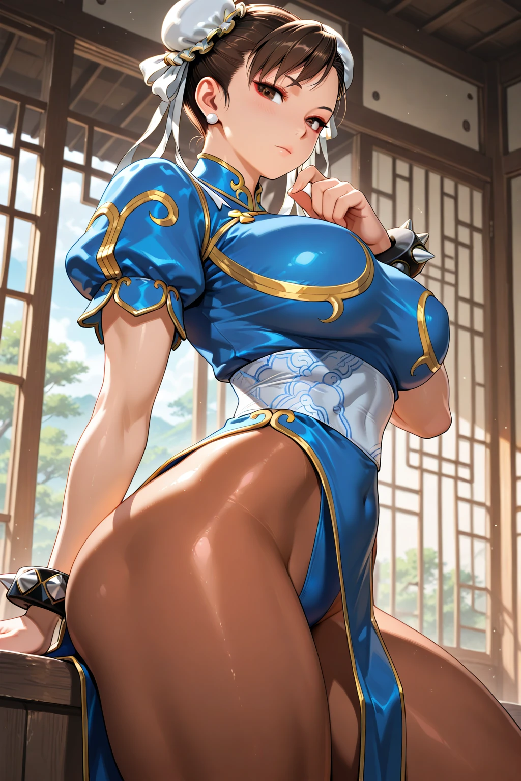 high quality,Mature beauty,White straight hair,Red Eyes,shy,blush,Wearing cheongsam,Black stockings，High heel,Wearing boxing gloves,Cleavage,Large Breasts,Camel toe,Long legs,Thin waist,Vest line,Absolute Domain,Sexy pose
