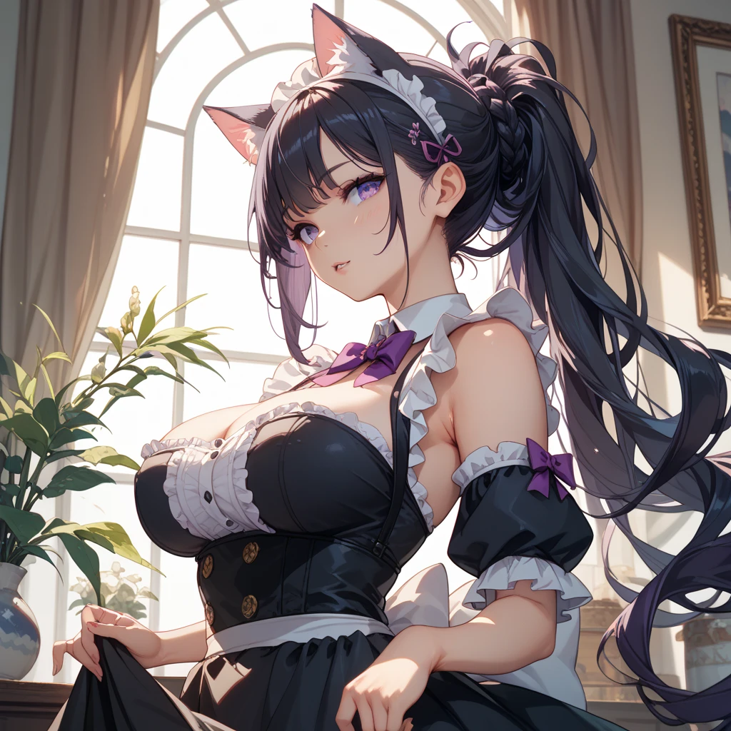 Girl, cute features, bright blue eyes, long dark purple hair, white light dress with cute jewels, cat ears and tail