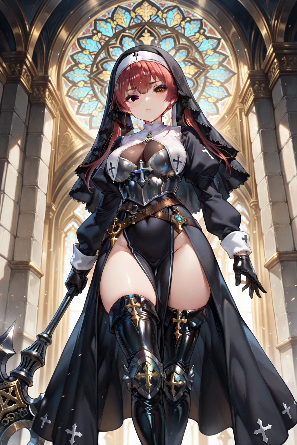 highest quality、complete limbs、Refers to the whole、1 beautiful woman、beautiful big breasted woman:1.3、((brown haired woman))、big smile、straight hair woman、female knight、((A woman equipped with full armor))、(((Black high neck leotard with zipper:1.woman wearing 3)))、A woman wearing a white cloak、sexy pose、((woman wearing brown pantyhose:1.3))、inside the castle、hands on hips