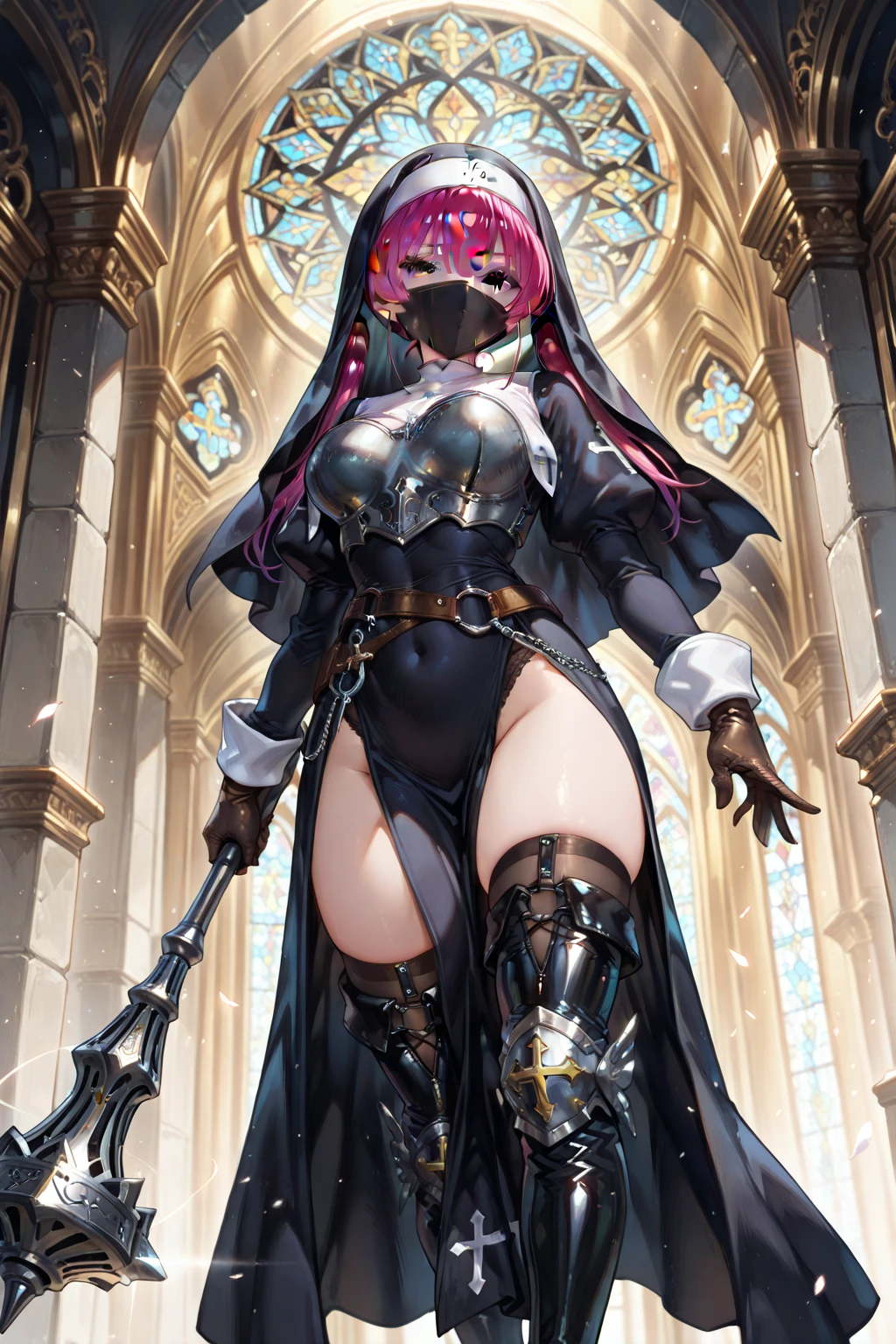 (masterpiece,intricate details),1girl,mature female,earnest _face, BREAK fgoraikou, <lora:raikoutest:1>, raikou, long hair, parted bangs, (purple eyes:1.1), purple hair, BREAK arm guards, armor, black gloves, bodysuit, fingerless gloves, gloves, japanese armor, kote, loincloth, purple bodysuit, ribbed sleeves, rope, tabard, toned| ((sit on the The intricate architecture of a historic cathedral commands attention, with towering spires reaching towards the heavens, while delicate stained glass windows illuminate the sacred interior.)),((cumulonimbus)),((full body)),from below:1.3,depth of field,looking at viewer,<lora:coolpix:1>