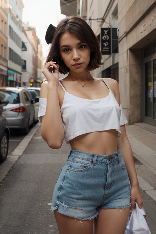 Plano cerano una mujer con remera corta blanca gran sonrisa, remera lisa blanca marron claro, Camisa corta blanca, pantalones negros, con monedero negro Pelo corto ondulado, caminando por la calle del Obelisco de Buenos Aires, sentada Ojos color avellana brillantes, bright amber eyes, penetrantes ojos brillantes, hermoso, Delicate features, dulce, short curly girl with straight brown hair, -ultra resolution 8k wavy from the middle down, Shoulder length brown bob haircut walking very happy, - con cartera negra - 8k caminando en buenos aires, capital federal - pantalones negros