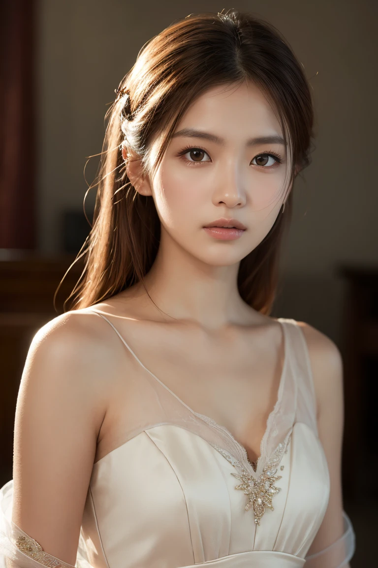 In the quiet ambiance of a first night romance, a beautiful bride stands with a seductive, yet slightly sad and worried expression on her face. The details of her enchanting eyes and delicate lips are exquisitely portrayed, catching the viewer's attention. Adorned with a see-through wedding dress, the fabric gracefully drapes her body, revealing her small breasts, which are tastefully presented. The deep V neckline of her dress accentuates her alluring charm. As the bride poses, her gentle elegance emanates from the masterpiece of this portrait. The image quality is of the highest standard, exhibiting ultra-detailed precision, capturing even the most intricate elements. The inclusion of realistic, photorealistic effects with a 1.37 enhancement further enhances the depth and authenticity of the artwork. This masterpiece is best appreciated in its full glory, with a resolution of 4k or 8k, capturing every subtle nuance and fine detail. The artist's skilled technique, akin to a professionally-shot photograph, skillfully utilizes studio lighting to accentuate the bride's grace and beauty. A soft color palette envelops the scene, enhancing the romantic atmosphere. The gentle play of light and shadows further emphasizes the bride's allure, creating a captivating ambiance. The overall composition exudes a sense of elegance and intimacy, inviting viewers to delve into the emotions and excitement of this first night romance.