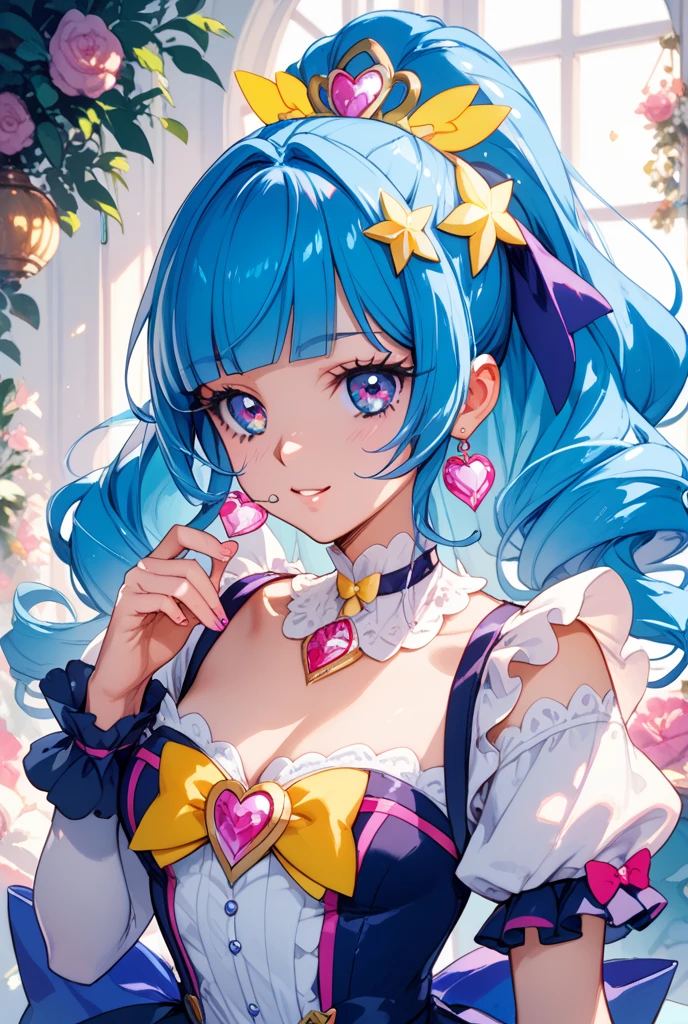 A blue girl Num with heart shaped bear ears with 2 words on them, one says "HUG", and the other says "ME". She has glitter all over herself, on her face is a wide opened mouth and a heart drawn over 1 eye. She wears pink bows. SPARKLE; GLITTER