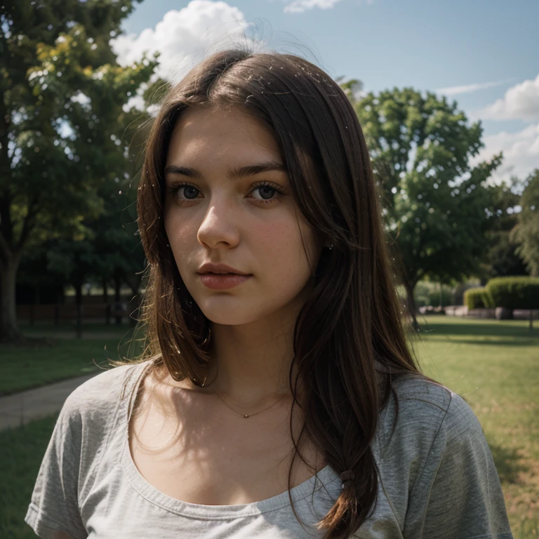 19 year old brunette girl with green eyes in the city