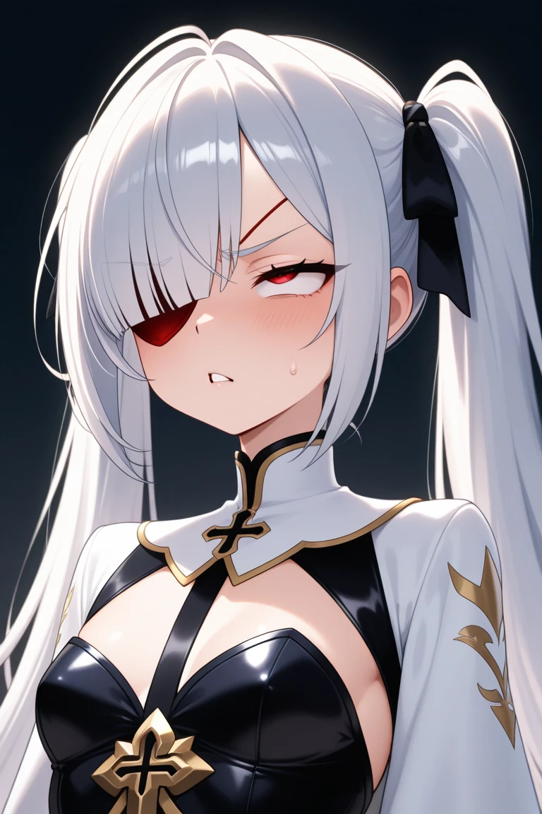 Anime character with silver hair and dragon horns, chiaroscuro style, heterochromatic slit and snake pupils, scared expression tearing up, three-sided view, wide shot, Sony FE GM camera capturing every detail in 8k resolution, chromatic aberration and stereogram effects adding depth, symmetry in every line and curve, intricately rendered in anime style, best quality and ultra high-definition (1.0), cinematic lighting creating dramatic contrasts. (masterpiece) (detailed) (HDR) (wallpaper) (ultra sharp focus) (cinematic) (stunningly beautiful) (anime) (stereoscopic 3