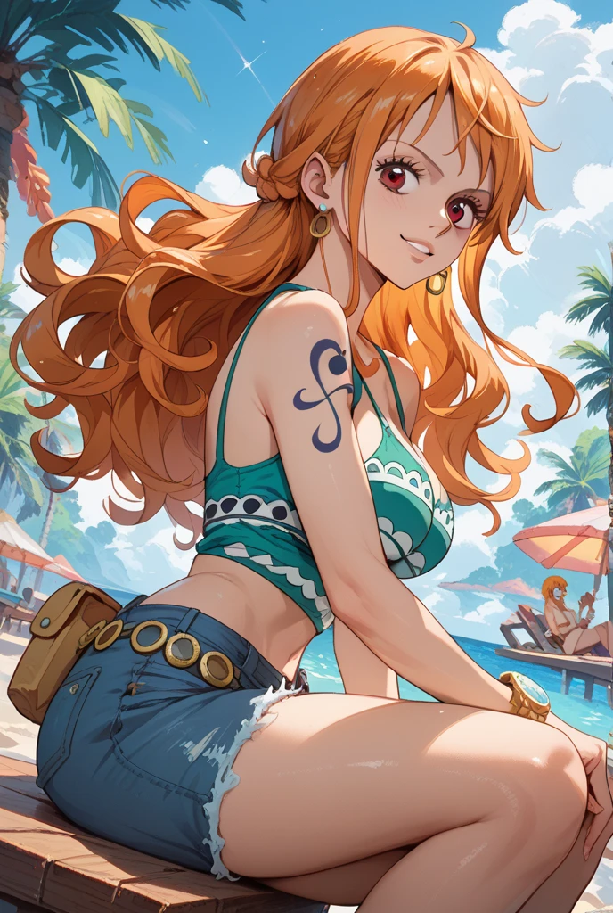 detailed background, masterpiece, best quality, 1girl, solo, nami \(one piece\), 1girl, bangle, bangs, bare shoulders, belt, bikini, bikini top only, blue sky, bracelet, breasts, brown eyes, bubble, cleavage, cloud, cowboy shot, day, denim, earrings, floating hair, green belt, green bikini, groin, jeans, jewelry, large breasts, log pose, long hair, looking at viewer, navel, orange hair, pants, shoulder tattoo, sidelocks, sky, smile, solo, standing, stomach, swimsuit, tattoo , looking at viewer