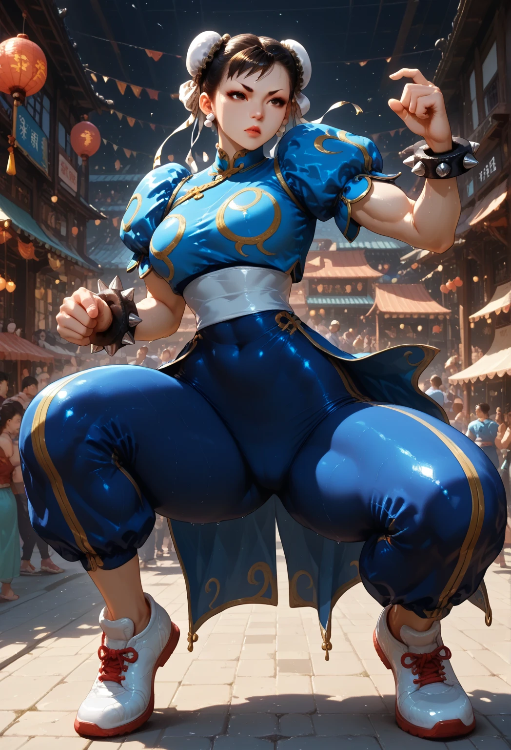 chun-li,street fighter,1girl,ass,blue pants,blue vest,breasts,brown hair,clothes pull,dated,double bun,earrings,full body,hair bun,hair ribbon,highleg,highleg panties,jewelry,large breasts,looking down,navel,open clothes,open vest,panties,pants,pants pull,parted lips,pearl earrings,ribbon,ribs,shoes,sneakers,solo,standing,tan,tanline,underwear,ves