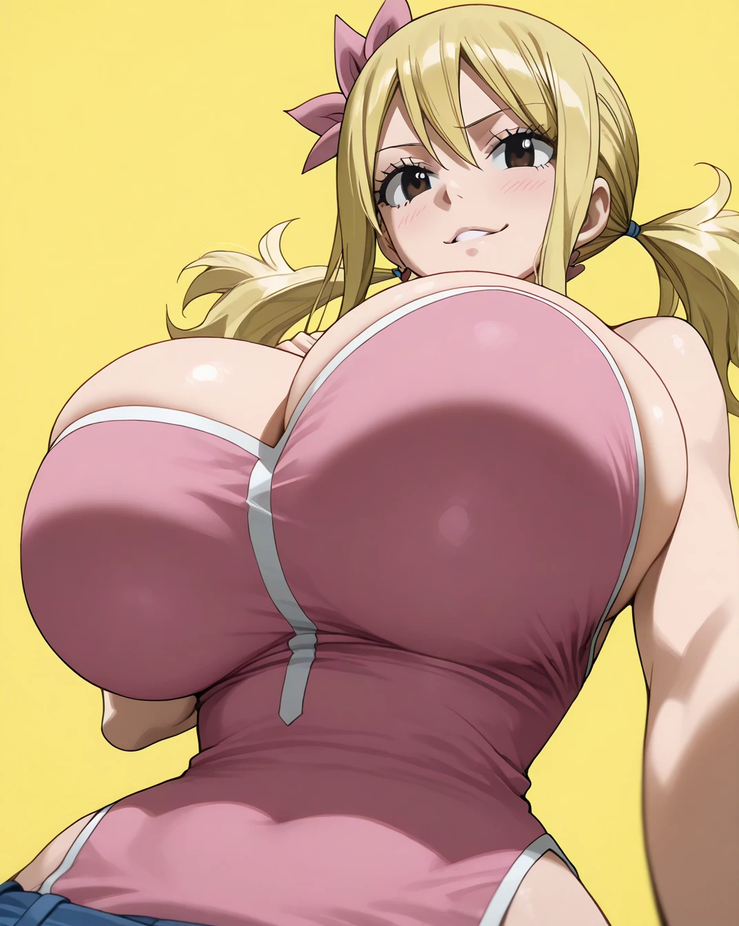senju_tsunade, 1girl, (((barnet))), longos cabelos grisalhos loiros, Purple eyes, anel de orelha))), puffy lips, painted lips, thick lips, boca aberta, cara de sorriso, quadris largos, coxas grossas, enorme bunda redonda, seios naturais enormes, seios oleosos brilhantes, Pretty Pink Micro Bikini, olhando para baixo, Floor image