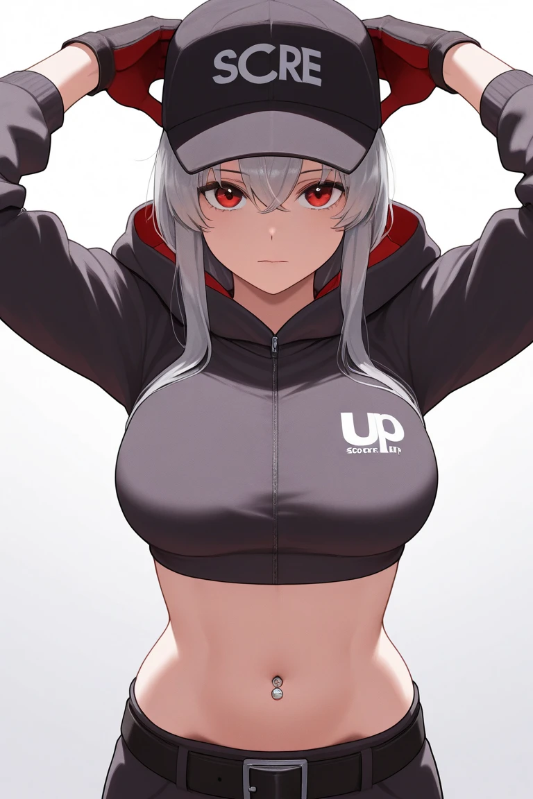 1 girl, white hair tied back, big breasts, sexy body, red pupils, angry face, laughs evilly, has fangs, wearing a hoodie