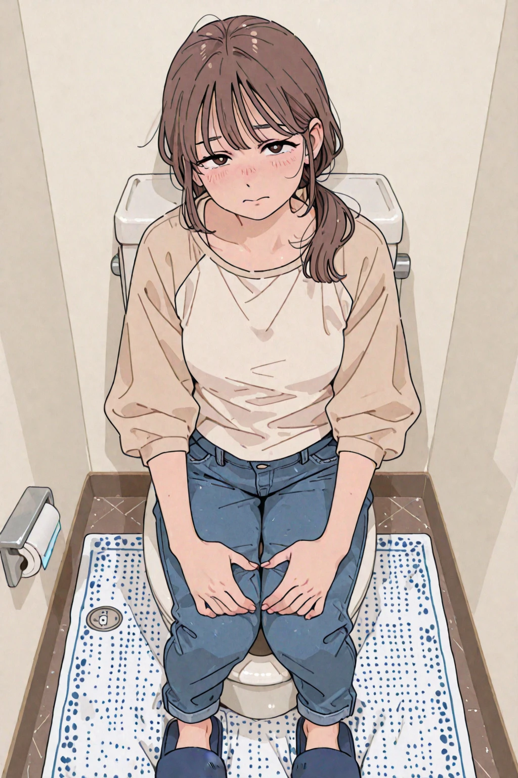 masterpiece, high quality, very detailed, sideways, (toilet use: 1.8), (sitting: 1.2), (pulling panties: 1.4), (bathroom: 1.2), (fresh: 1.7), bottomless, 1girl, interior, (eyes closed: 1.5), surprised, (toilet: 1.3), toilet paper,NSFW