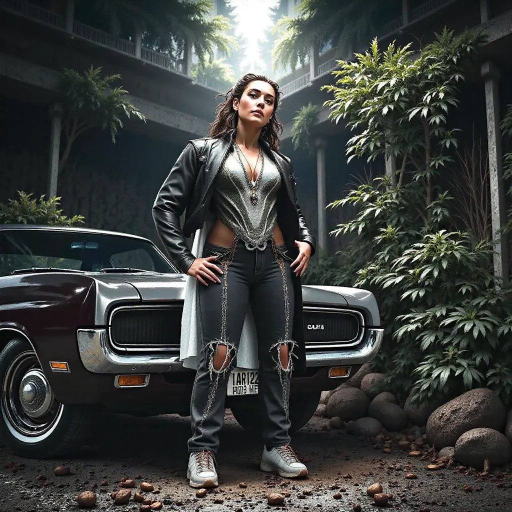 araffe woman Jennifer Lopez in black shirt and leather pants standing next to a green car, swagger! lowrider culture, standing in front of lowrider, shot on canon eos r5, shot on canon eos r 5, portrait shot, mid shot portrait, modeling photography, lowrider style, portait of Jennifer Lopez