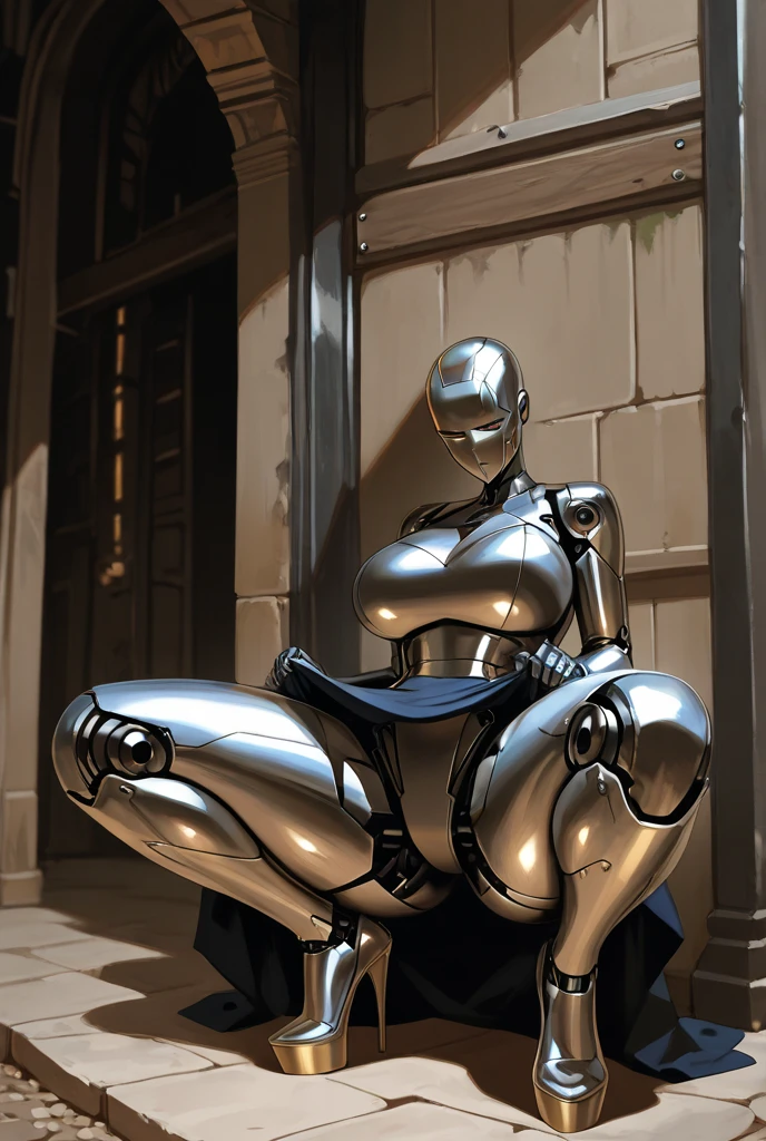 1girl, (full body:1.4) photo of android woman on roof , big tights, ((close up)), ((front view)),(high heels), (pov), ((lagre breasts)), ((squatting)), ((focus between legs)), (( Metallic spread legs)), ((Metallic naked body)), arms up armpit, sun light, morning, masterpiece, (photorealistic:1.4), best quality, beautiful lighting , braided hairstyle, ray tracing, ( very detailed background, detailed complex busy background : 0.8 ) , , sharp focus, 8k uhd, dslr, high quality, film grain, photorealism, lomography , view from below , translucency , (HDR:1.2)