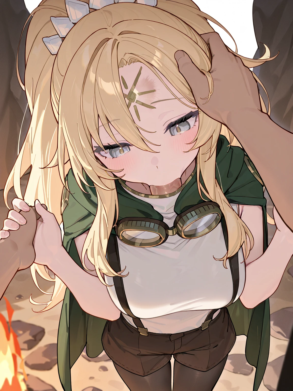 POV,front、viewers、Looking down、Overlooking、White Saint Eclesia、fellatio、gently lick male genitals、place both hands on male genitals、White Saint Eclesia、Big Ponytail、Fair skin、
 GREY EYES  ,Mark on the forehead,HAIR ACCESSORIES、No corners、Big Ponytail、Blonde、center separation、green cloak 、Goggles are depicted hanging around the neck only、White Shirt,suspenders,sleeveless,cape,Brown Shorts,black pantyhose,wilderness、masterpiece, perfect quality, Best Quality, A truly eye-catching design, 非常にhigh resolution, high resolution, Newest, Camping、Bonfire in a remote location、