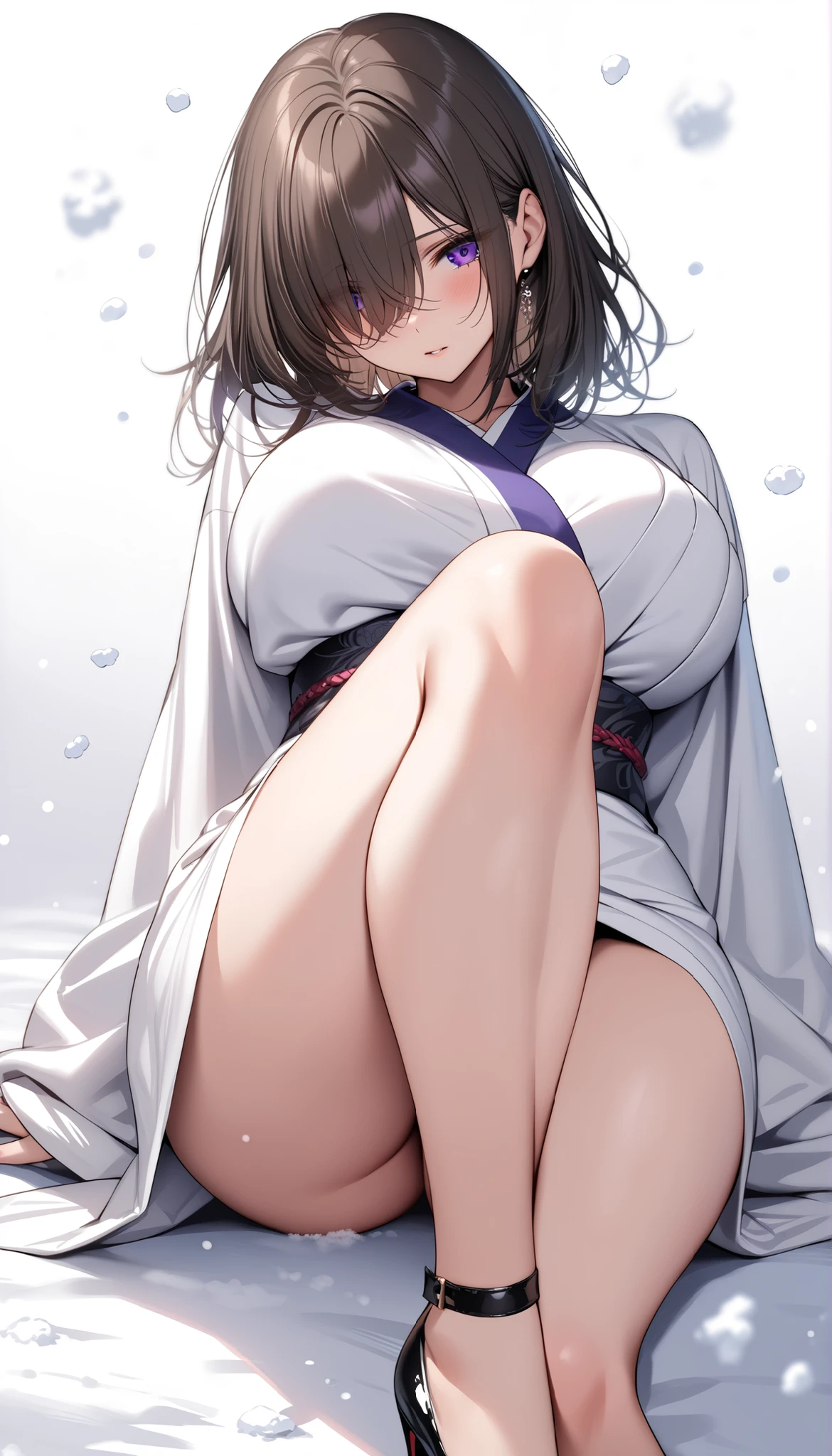 Brown hair long ninja girl Wearing a beautiful black kimono White underwear White skin tall With bangs Beautiful face Thin legs A little bit of cleavage is visible sitting on the bed Legs bent Anime Style