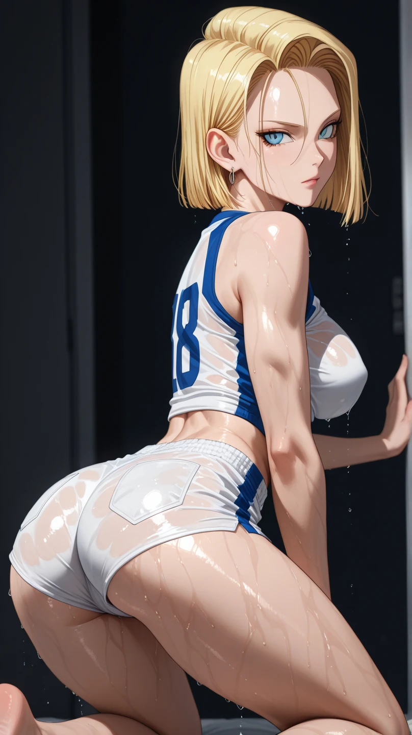 Composition seen from behind,back view,highly detailed images, 8K quality, european junior high school girl, beautiful girl, blonde, short hair, small breasts, beautiful feet,slimming, blush, Outside the athletics stadium, crawl on all fours, Butt is the main character,stick out your butt, Open your mouth wide and stick your tongue out, white skin, A frustrated look on his face, looking at the camera, My whole body is covered in sweat,white tank top,raise one's hips