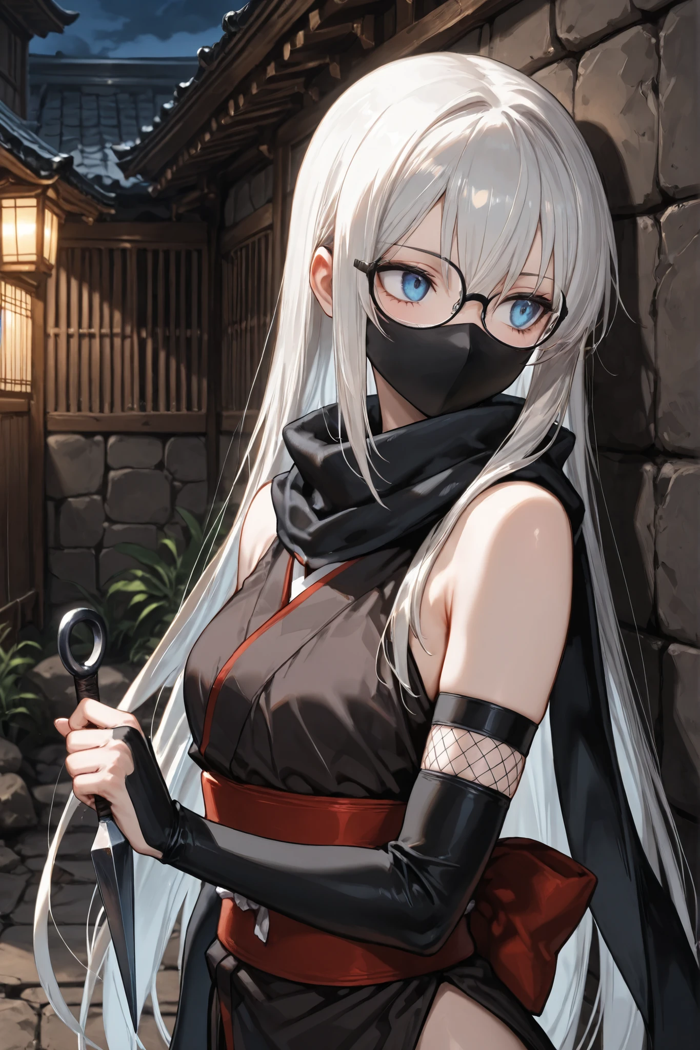 (masterpiece, best_quality, ultra-detailed, immaculate:1.3), epic, illustration, cyberpunk ,renegade lord villainess, silk , hakama trousers, kitsune mask,shiny peach hair, hair rings, (dark skin:1.3), small breasts, slim figure, short, on one knee, moonlit night, in a galactic, Egyptian hellscape, in a spring, aquatic dining hall, bombshell hair, silver hair, very long hair,Undercut, folded<lora:EnvyBeautyMix33:1>