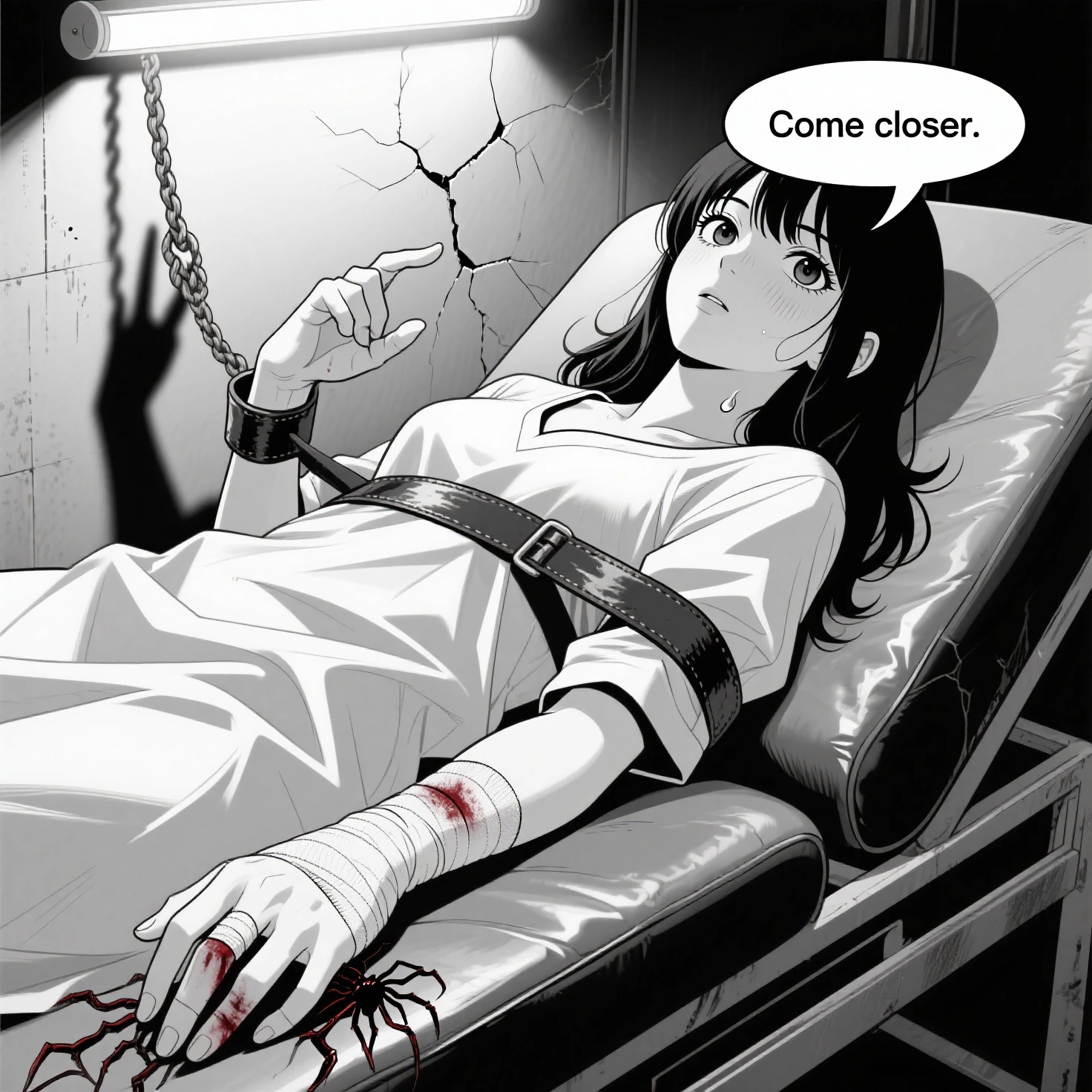 A somber, comic book funeral for a sad and weeping nurse who works in a hospital. She stands before a closed door adorned with funeral flowers. Behind her stands the Angel of Death.