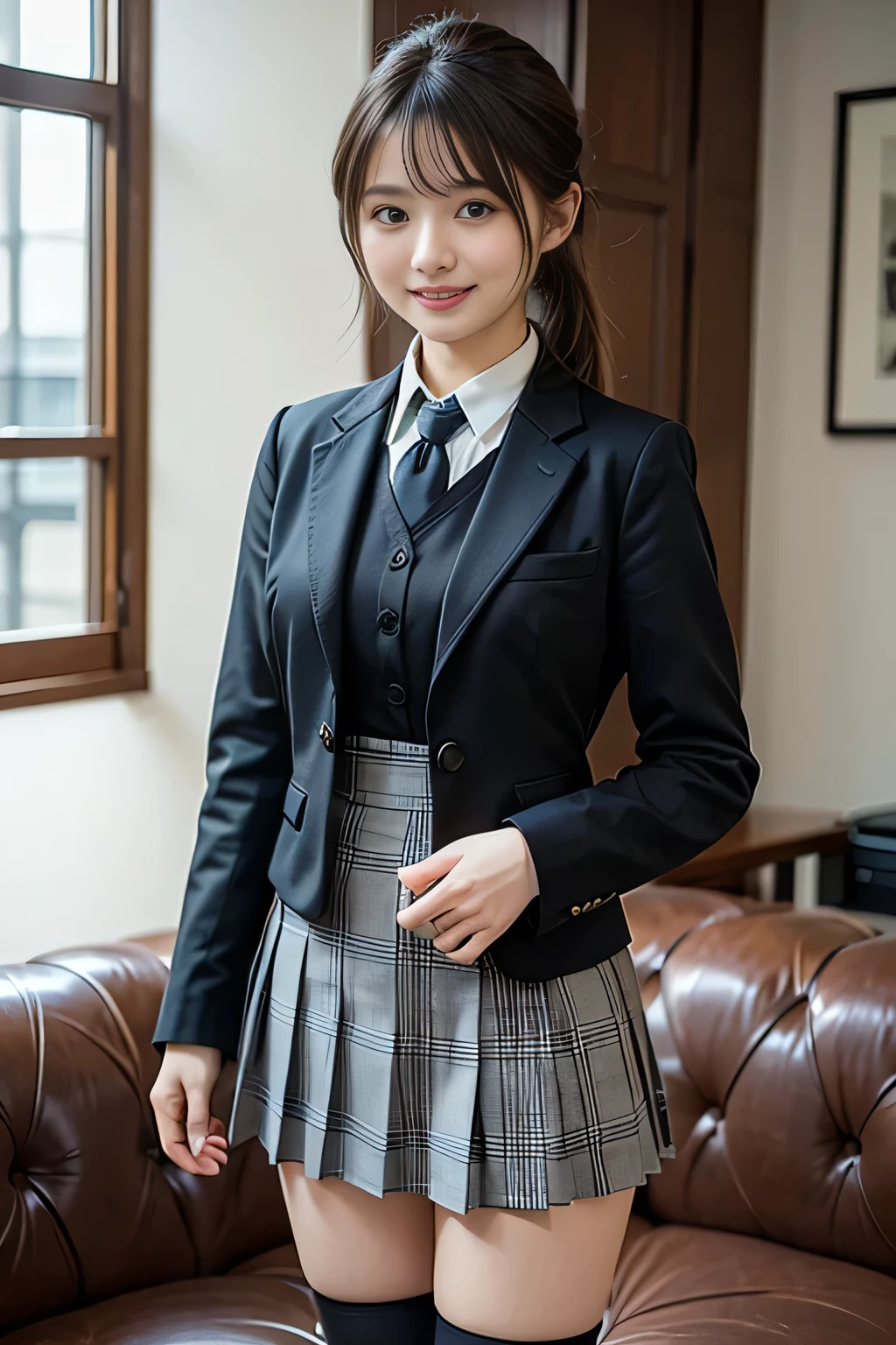 Tabletop, Highest quality, (beautiful girl:1.3), (:1.2), Very fine grain definition, (Symmetrical eyes:1.3), ((Browsing Caution)), (school uniform, Cute checked brown skirt:1.3), Beautiful breasts, Brown eyes, Parted bangs, Brown Hair, Upper teeth,Twin tail hairstyle,Brown blazer