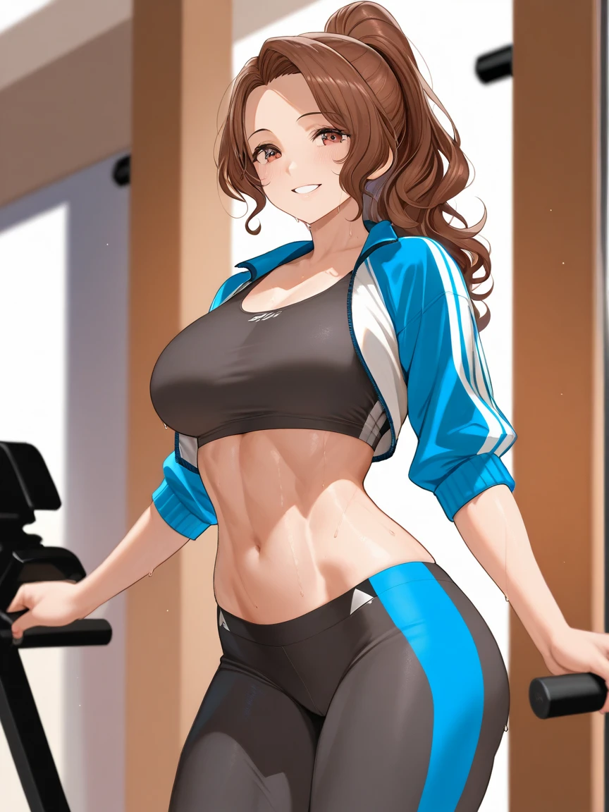nobara kugisaki,sport clothing,gym, leggings, large ass,large breasts ,ftont look, mocking smile,seductive face,red nails ,messy hair, pleasure face,smiling, detailed face, detailed eyes,looking at teathre performance ,posing at mirror,shorts,topic,abs