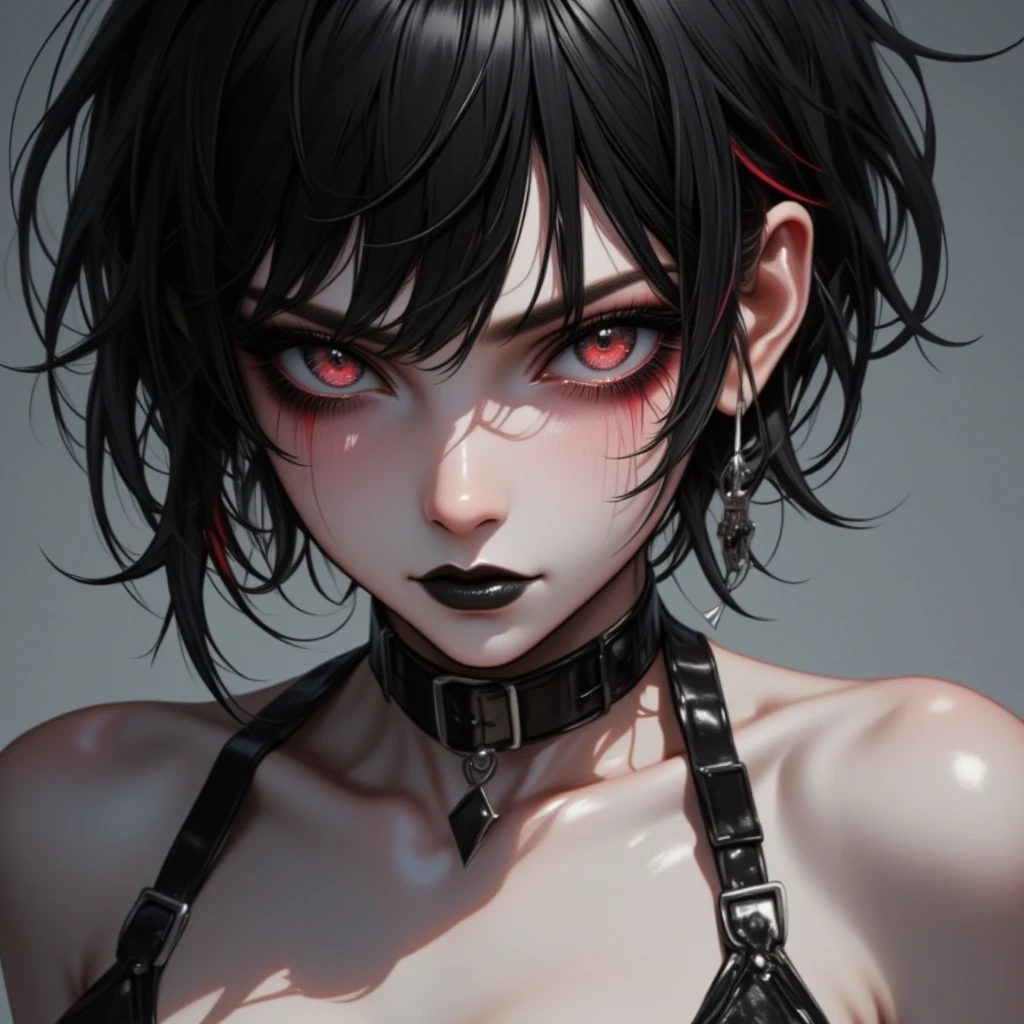 Santa punk milf, ear piercing, goth, gothic, sexy, christmas outfit, pale skin, pale blue eyes, short hair, black hair, black lipstick, santa outfit