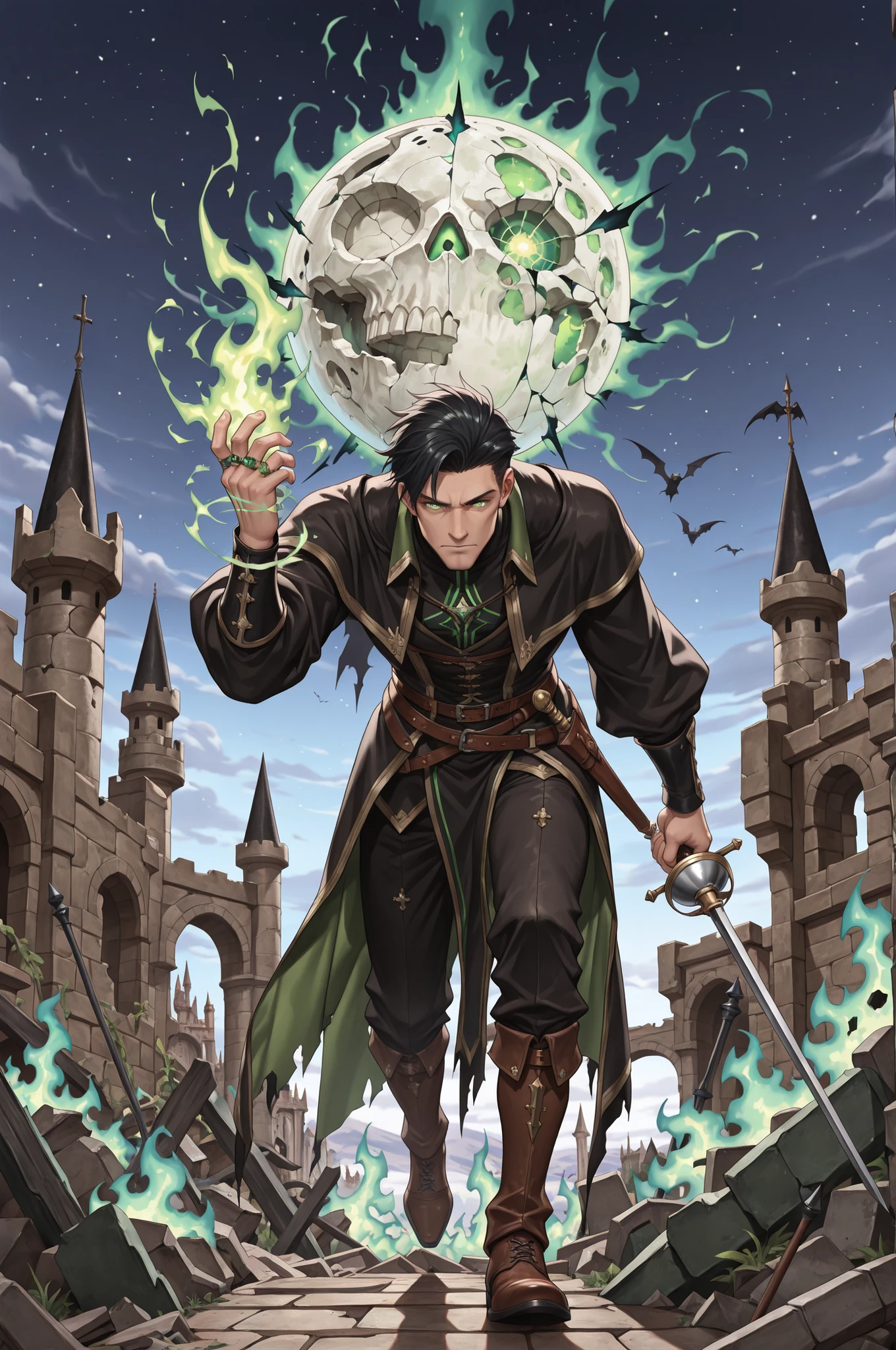 ((masterpiece:1.5)), ((best quality:1.5)), HDR, 1boy, solo, male focus, neat hair, clean face, glowing green eyes, warlock, fantasy victorian noble, ruined castle, castle ruins, night sky, cracked moon, green flames, eldritch aura, eldritch magic, holding hand up, crackling energy, black hair, stepping forward, holding rapier in hand at side, dark fantasy, dark fantasy setting,
