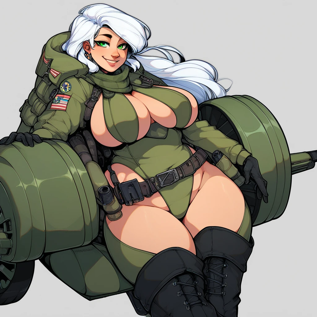 green solid background, 1 woman, best quality, ultra high res, long hair, full lips, white hair, red eyes, military jumpsuit, dog-tag necklace, smiling at viewers, wearing black gloves, wearing black combat boots, double D breast, standing, full body