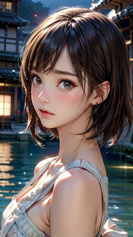 Blushing lightly and smiling, (Top quality masterpiece:1.2) Delicate illustrations, Very detailed, /Beautiful Japanese Woman、1 person,Very cute and slim、Excellent style 、((8K images、super high quality))、Very delicate face, Beautiful forehead、Beautiful thighs、Beautiful feet、Deep red lipstick,(((((Short Bob、Light brown hair、Blonde hair))))),very cute、Kind eyes,(Black Lingerie)、starry skies、Tokyo night view、Hotel、Date