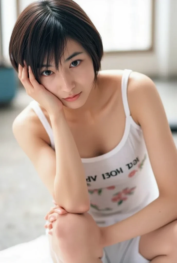 (Highest quality、8K、32k、masterpiece、Hmph:1.2)、Photo of beautiful Japan woman in her 30s、very short hair、short hair、Shortcuts、Upper Body、necklace、Shooting from above、Don&#39;Don&#39;t look at the camera、(Realistic、Photorealistic:1.37)、1 Girl、Photographed in natural light、Physically Based Rendering、Excellent image quality、High resolution、1080P、(Detailed facial depiction)、(Detailed description of the hands)、(Detailed CG)、Rich details、(exquisite features)、(Best image quality)、(masterpiece)、(Beautiful Eyes)、Delicate clavicle、Various poses、profile、White wall、In front of a white door、(窓のあるWhite wallの部屋)、Earrings、Laughter、Spring Clothes、((Long sleeve dress))、Looking down、Downward