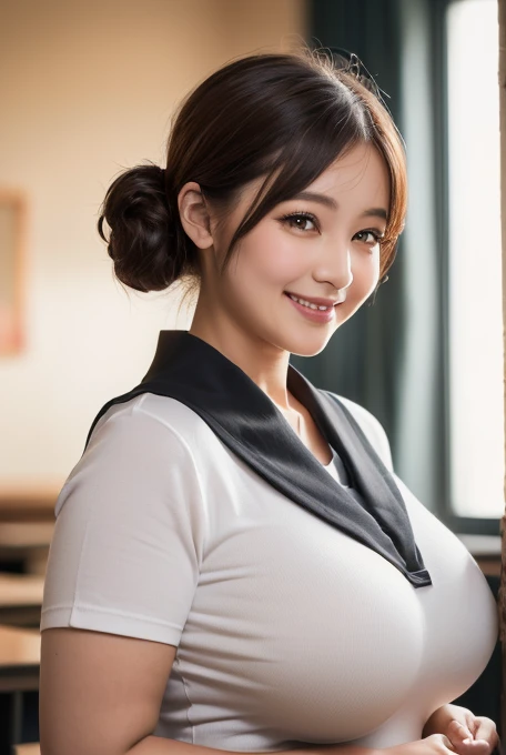 highest quality, masterpiece, High resolution, Photorealistic, RAW Photos, 8k wallpaper, perfection, Professional and bright lighting, Very detailed,(Big Breasts),(Tight waist),(Thin and beautiful legs), whole body, ((View your viewers)), Detailed face, Beautiful Eyes,smile,Braid,Sleeveless buttoned and collared shirt,Navy blue long skirt,An elegant pose,Sit on a chair in a cafe,I have a book